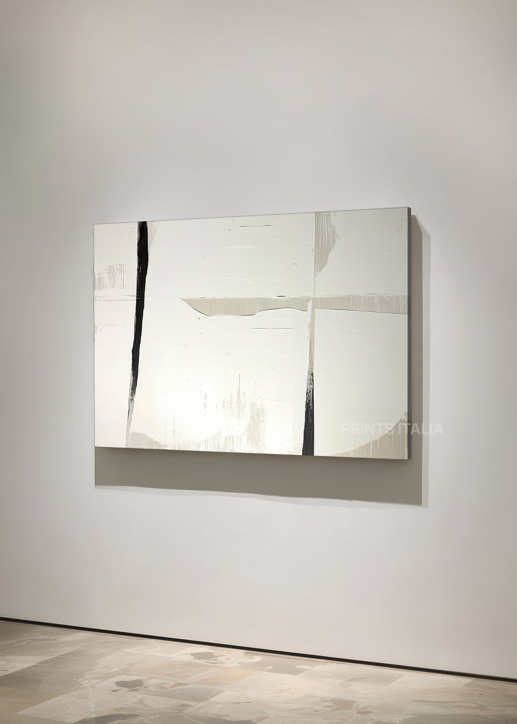 MYRELITH print displayed in a contemporary gallery, highlighting its balanced black and ivory composition and clean lines