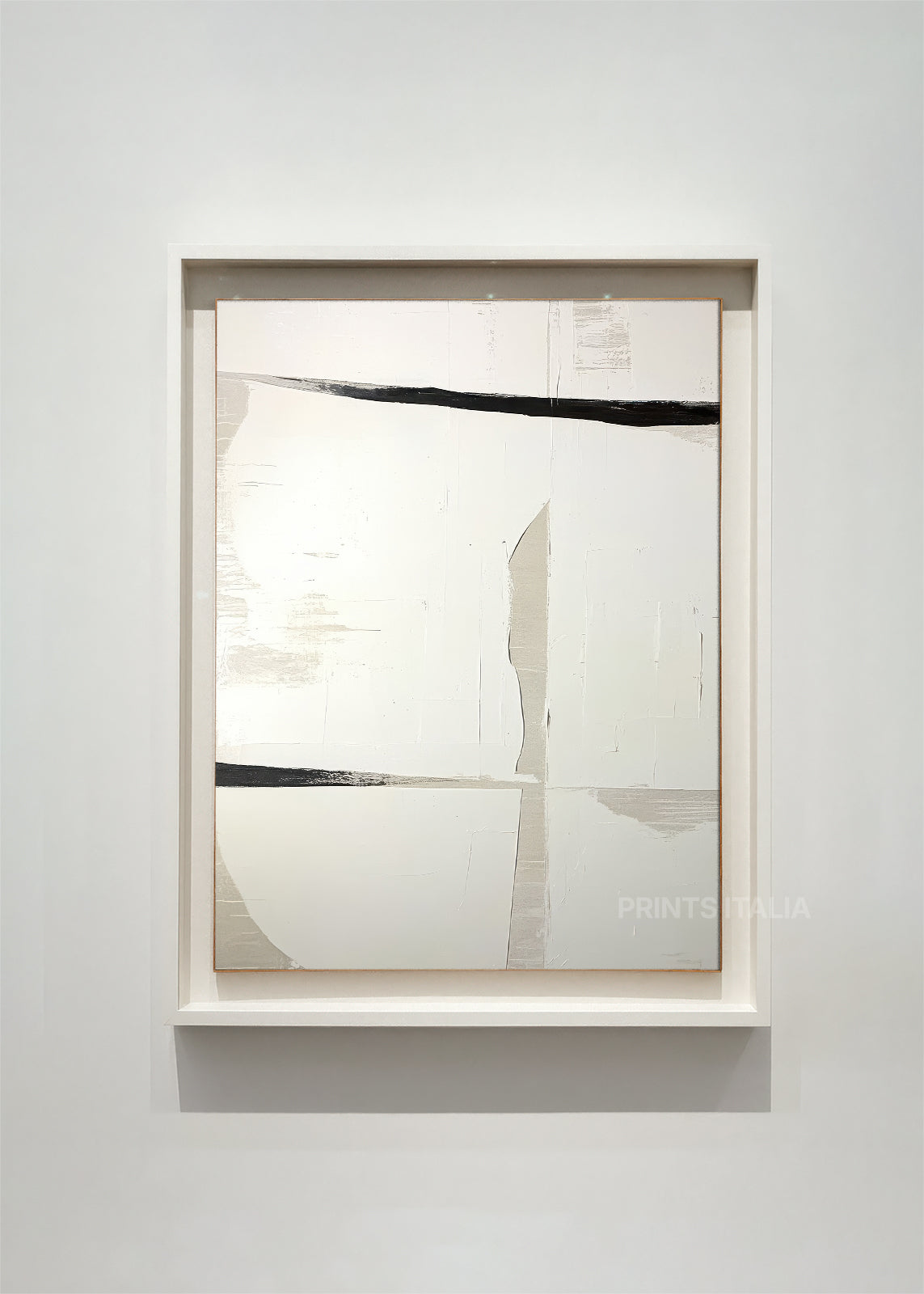 MYRELITH abstract art print framed – stark black horizontal band dividing soft ivory fields with subtle marks
