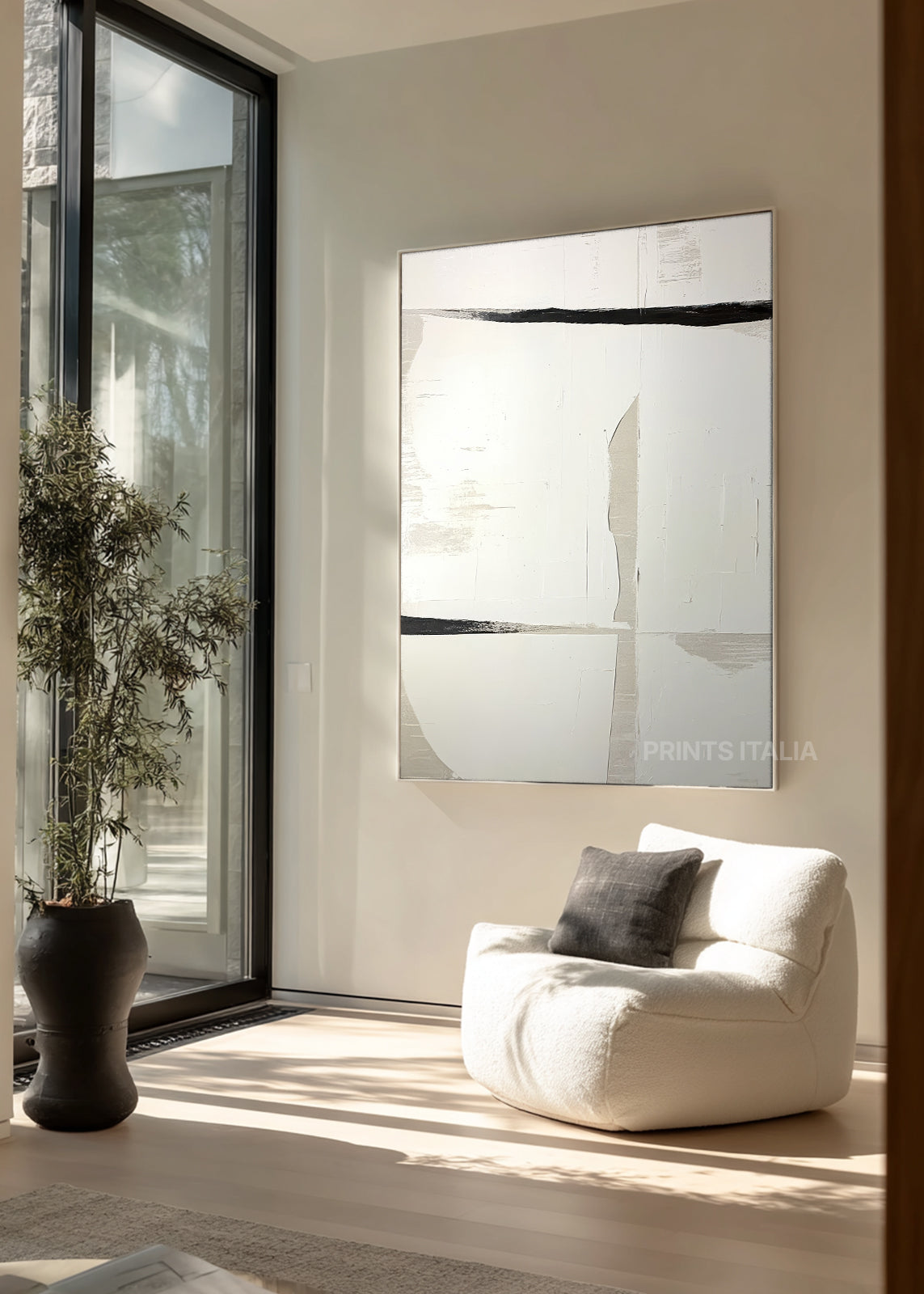 MYRELITH abstract print styled in a serene, modern space, emphasizing its quiet contrast and subtle tonal details