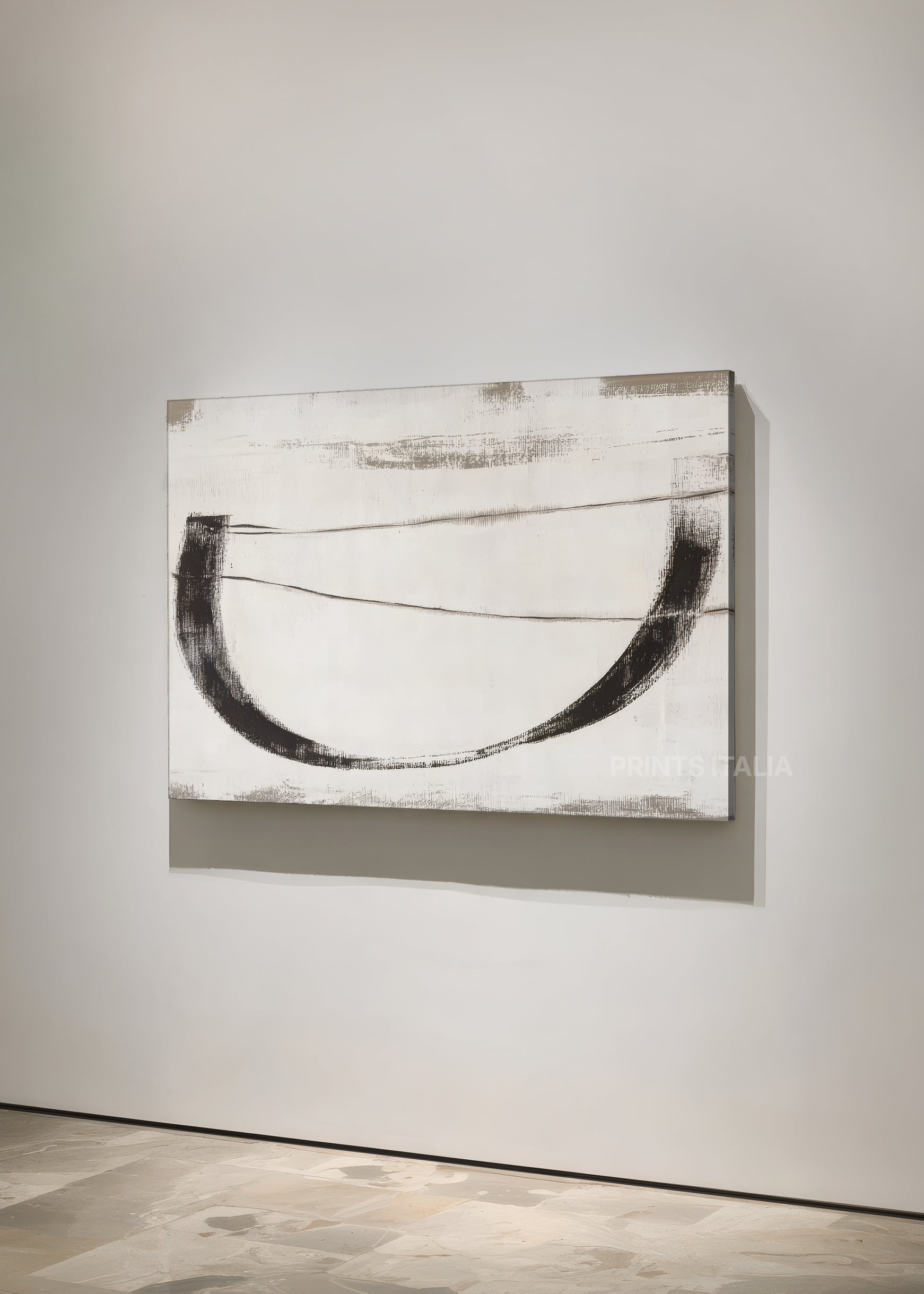 NAEVIYA print displayed in a contemporary gallery, highlighting its dynamic arc and minimalist black-and-white palette