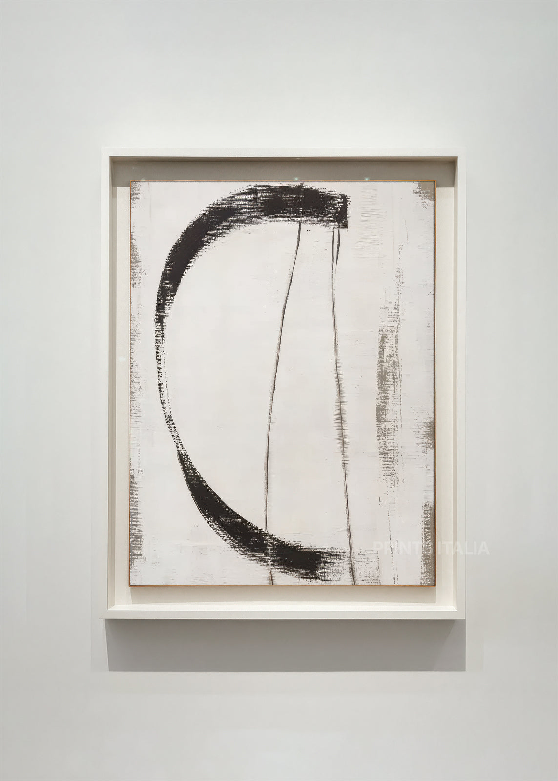 NAEVIYA abstract art print framed – sweeping black arc and fine vertical lines on crisp white background