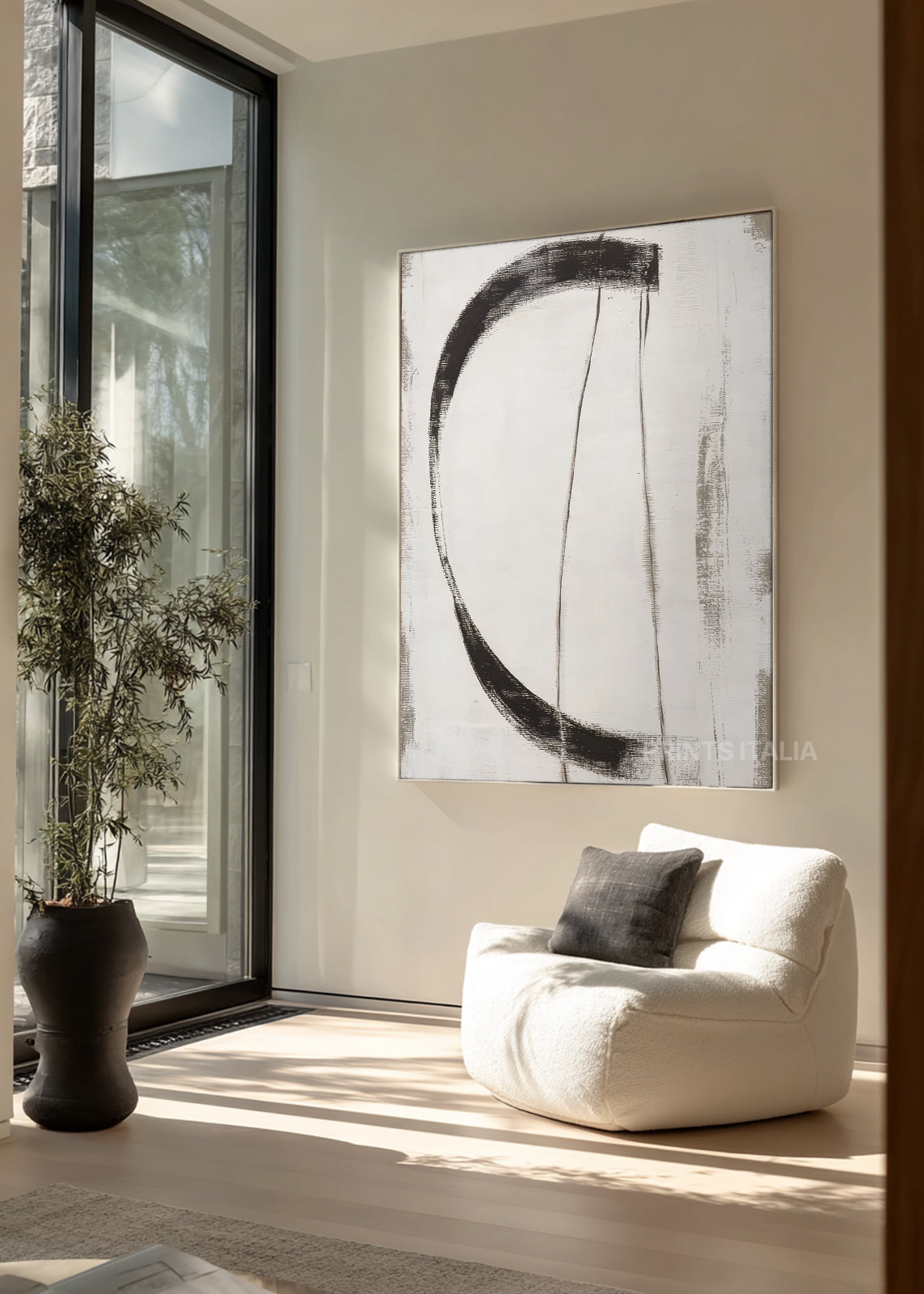 NAEVIYA abstract print styled in a peaceful, modern space, emphasizing its bold curve and refined minimalism