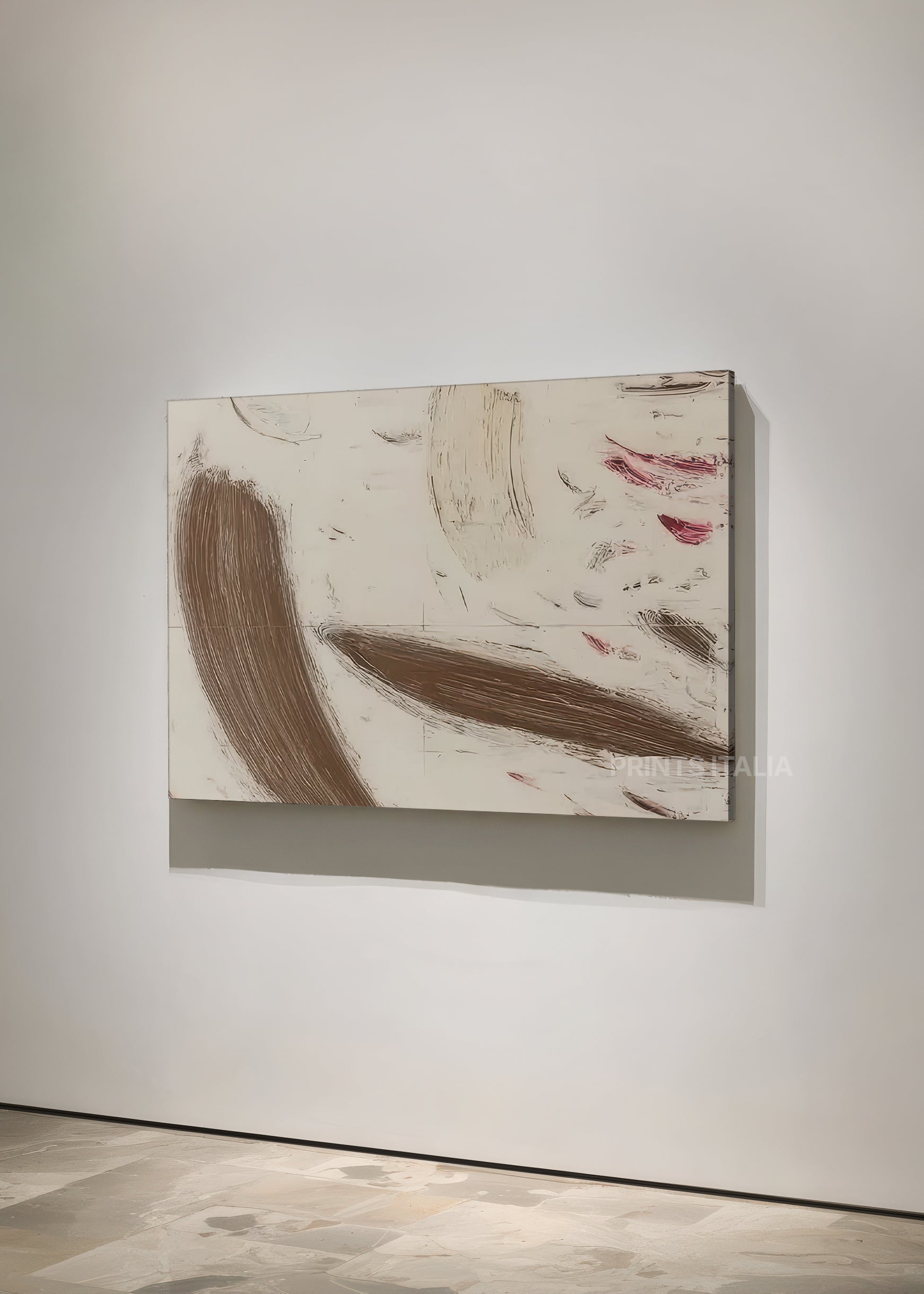 Angled view of NAUMA abstract print – spontaneous modern composition with bold brown brushwork on cream