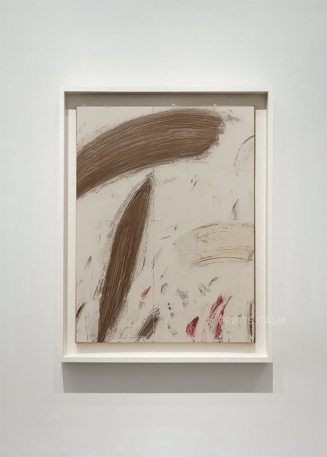 NAUMA abstract art print framed – bold gestural brushstrokes in brown with delicate marks on cream background
