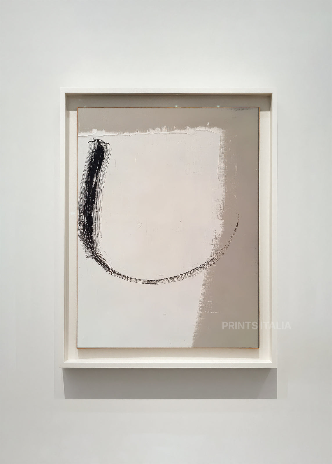NAURO abstract art print framed – sweeping charcoal arc on taupe and ivory background