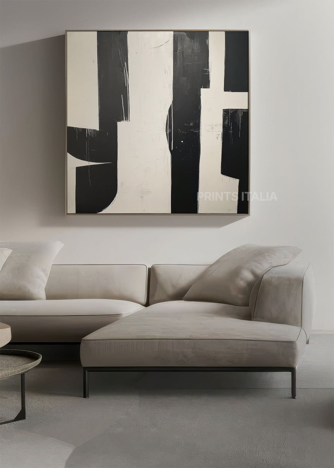 Nila abstract black and white print displayed in a modern living room interior