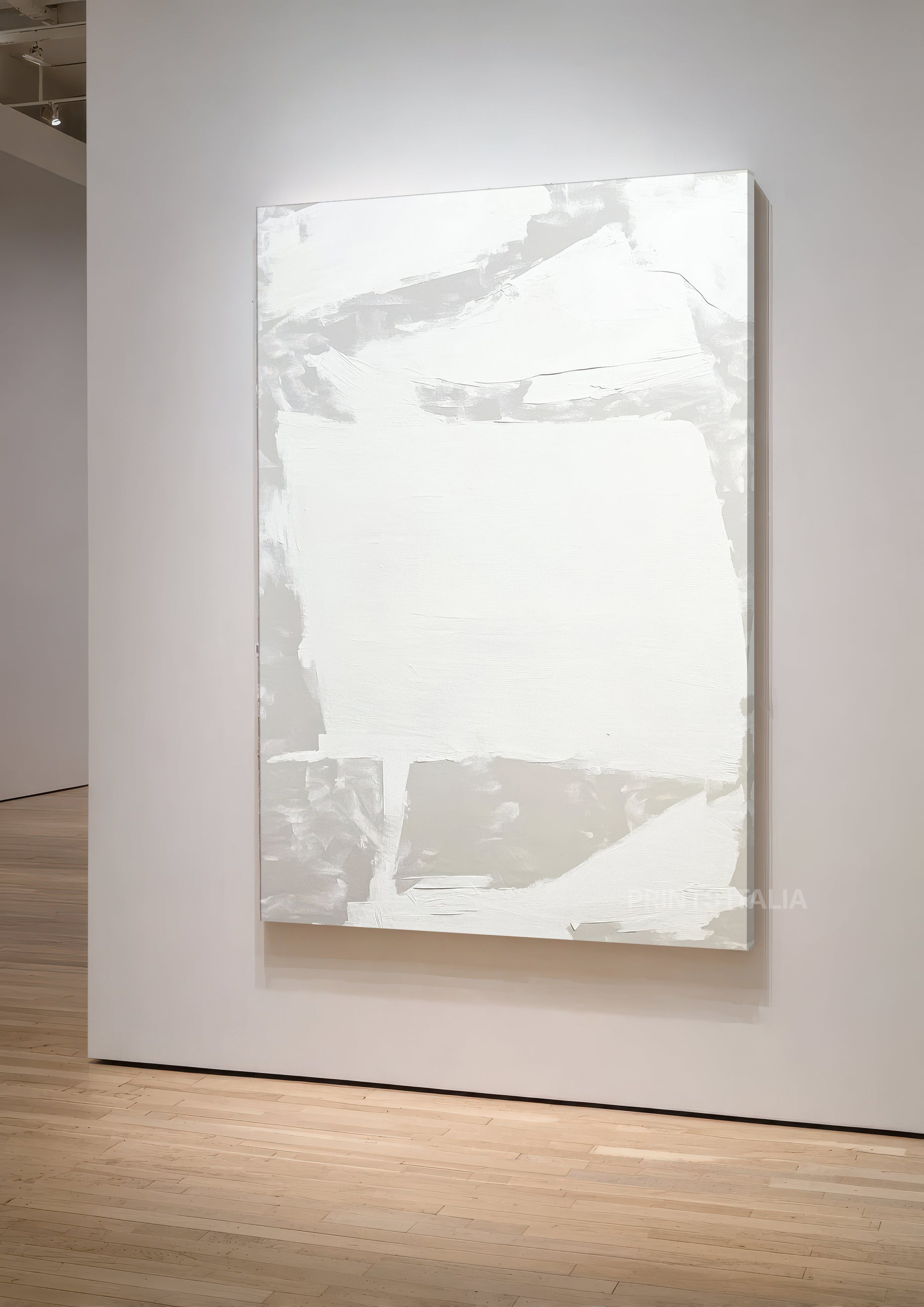 Angled view of NIMYA abstract print – minimalist ivory and taupe composition with gentle lines and soft texture