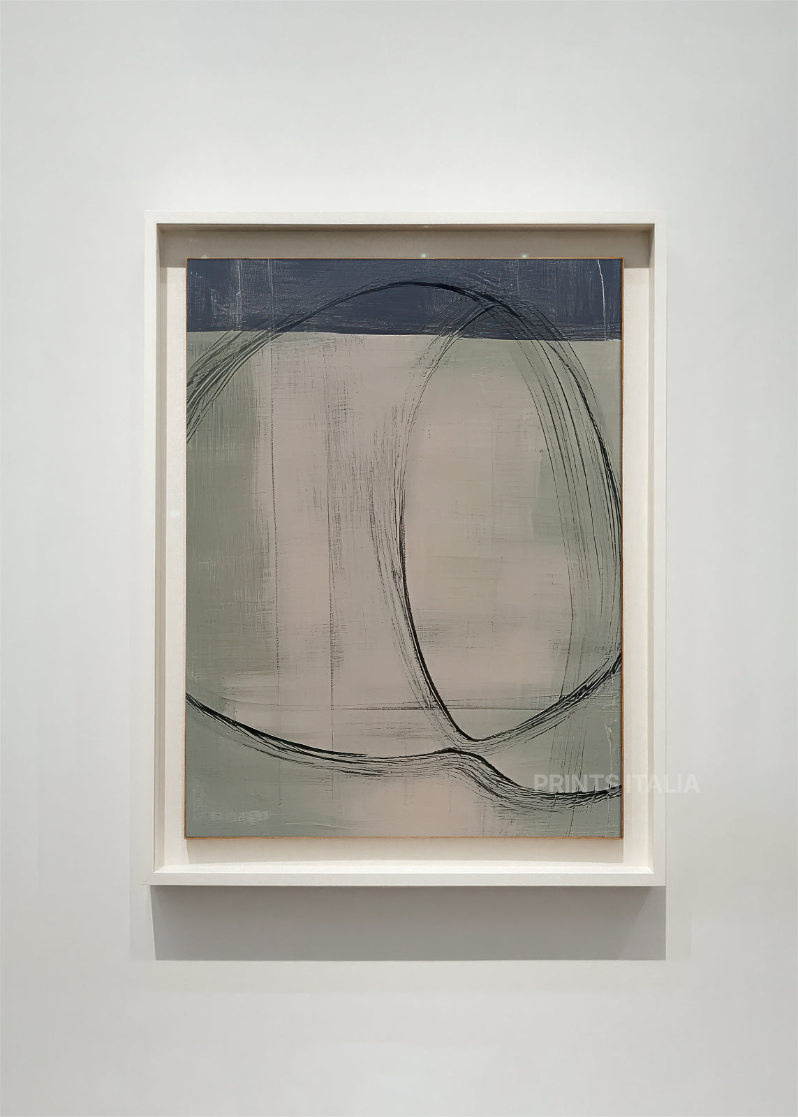 NIRAH abstract art print framed – sweeping graphite arcs on muted grey with deep blue accent