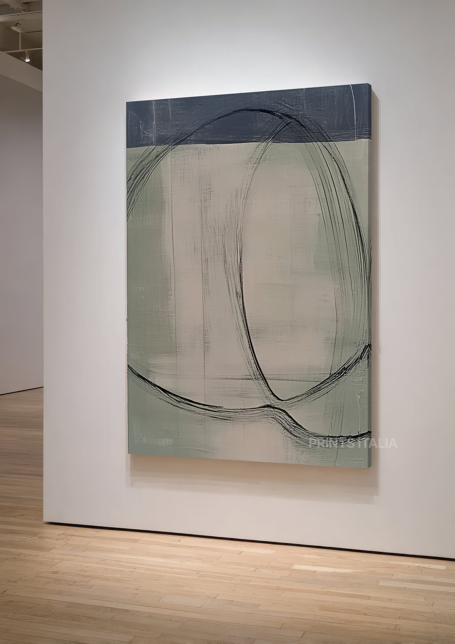 Angled view of NIRAH abstract print – minimalist composition with deep blue, soft grey, and flowing lines