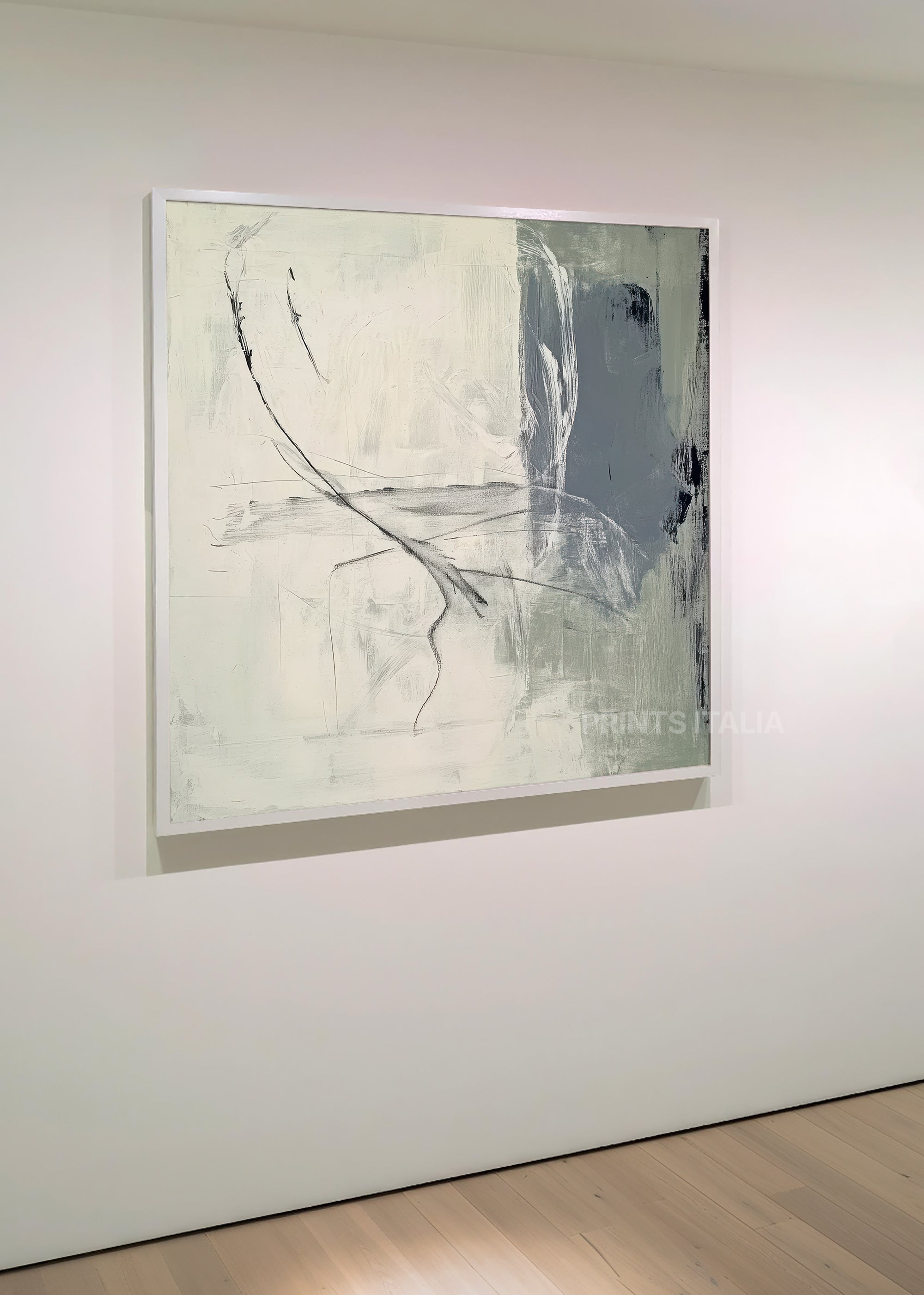 NIRAVE print displayed in a minimalist gallery, highlighting its soft grey fields and fluid black accents