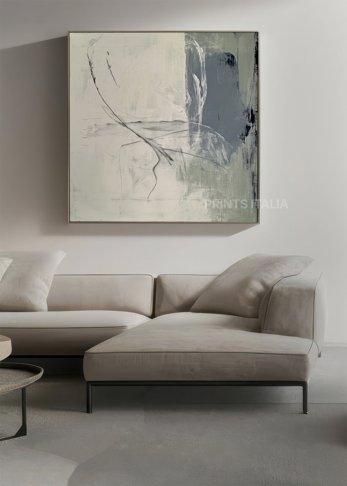NIRAVE abstract print styled in a serene interior, emphasizing its gentle palette and airy composition