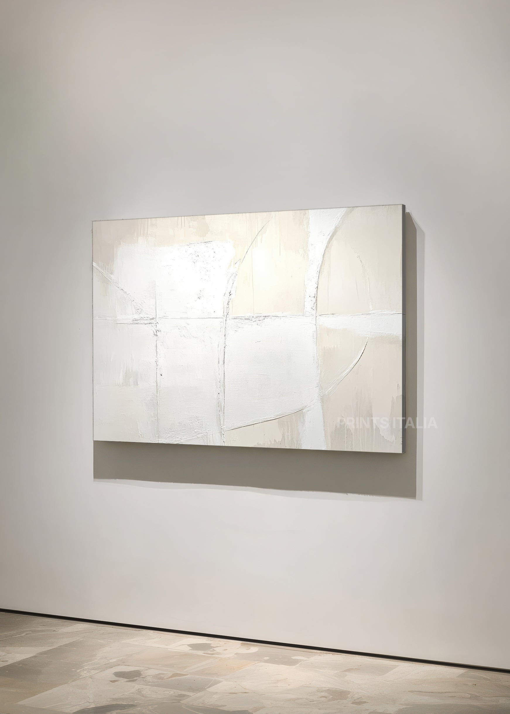 Angled view of NIVRA abstract print – contemplative modern composition with gentle linear grid on cream background