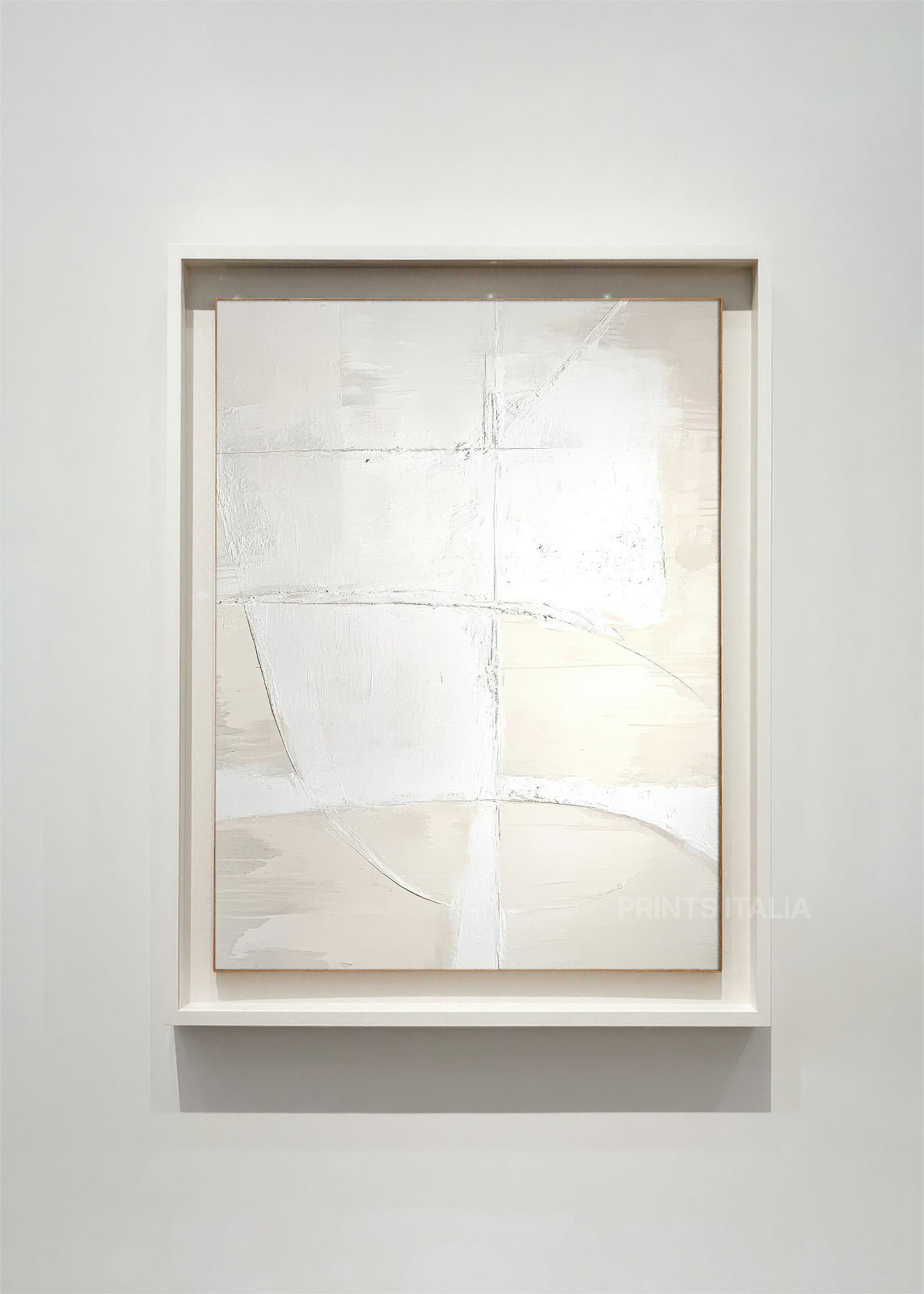 NIVRA abstract art print framed – gentle intersecting lines creating grid patterns on soft cream with layered textures
