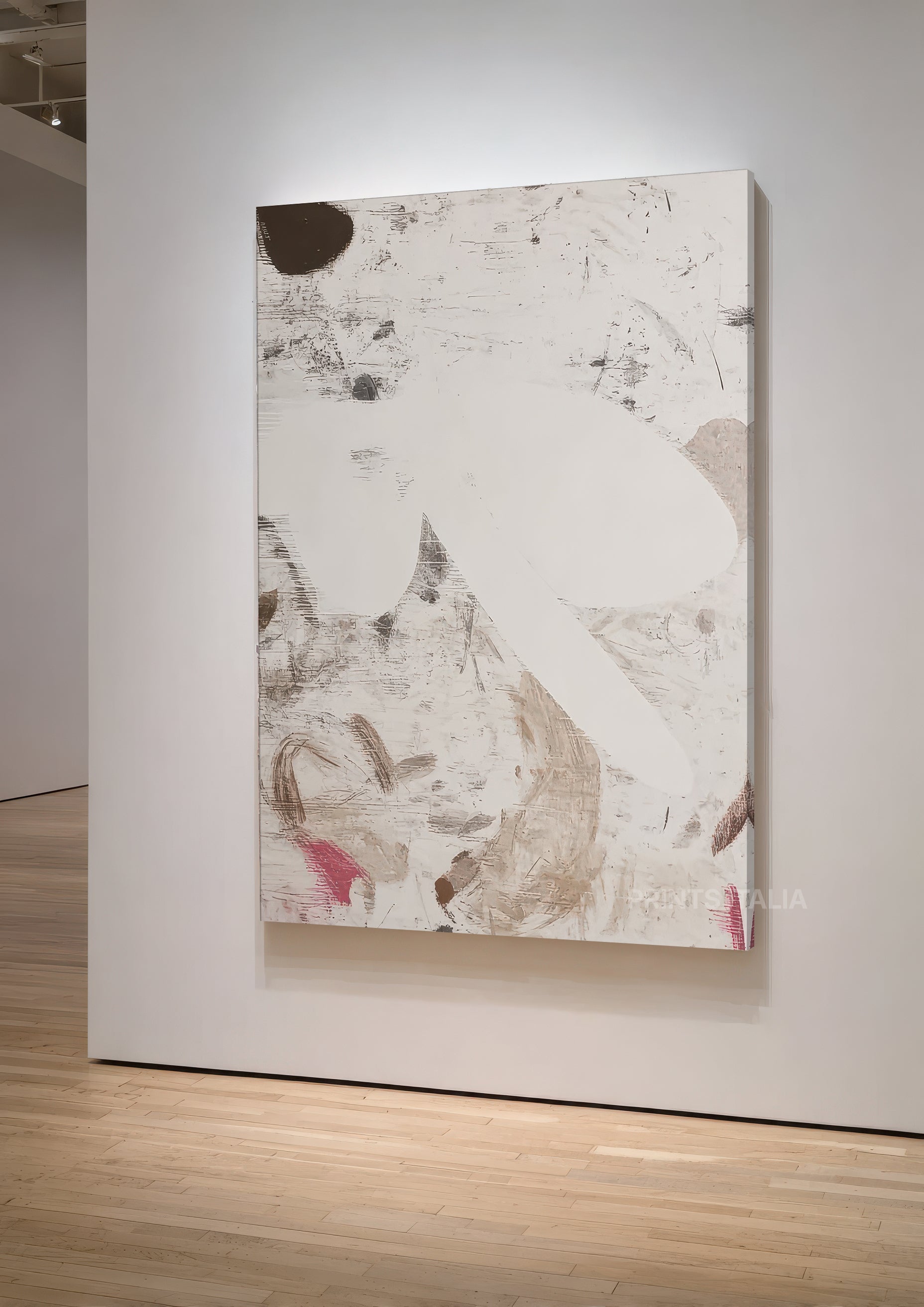 Close-up of NOA abstract print showing painterly textures and earthy brushwork