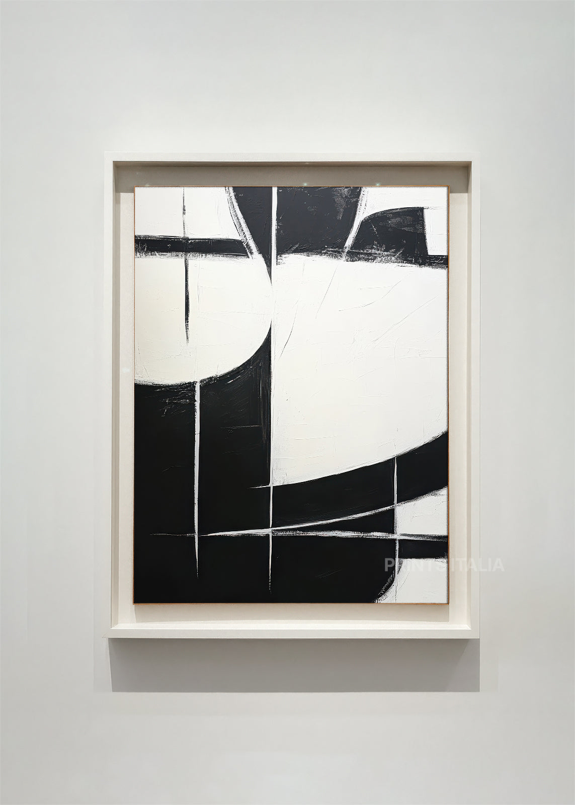 NOELIS – framed minimalist abstract art print with bold black geometric shapes and crisp white space, intersected by sharp lines, displayed in a modern gallery