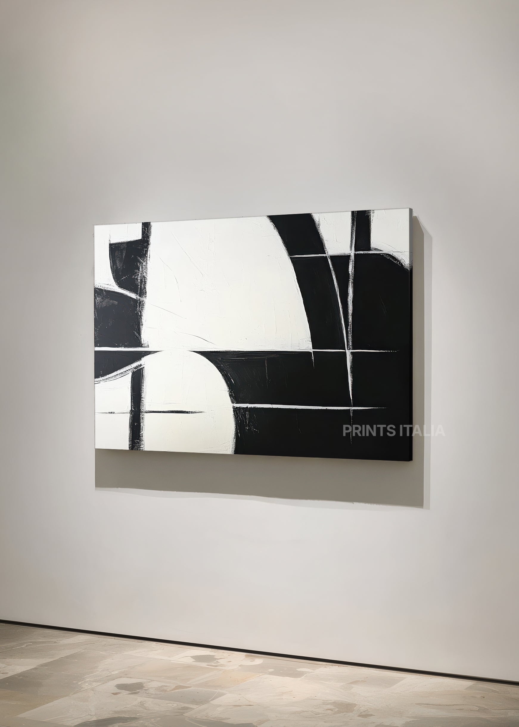 Unframed NOELIS art print featuring minimalist black and white geometric composition, bold contrasts, and crisp linear forms, leaning against a soft neutral wall