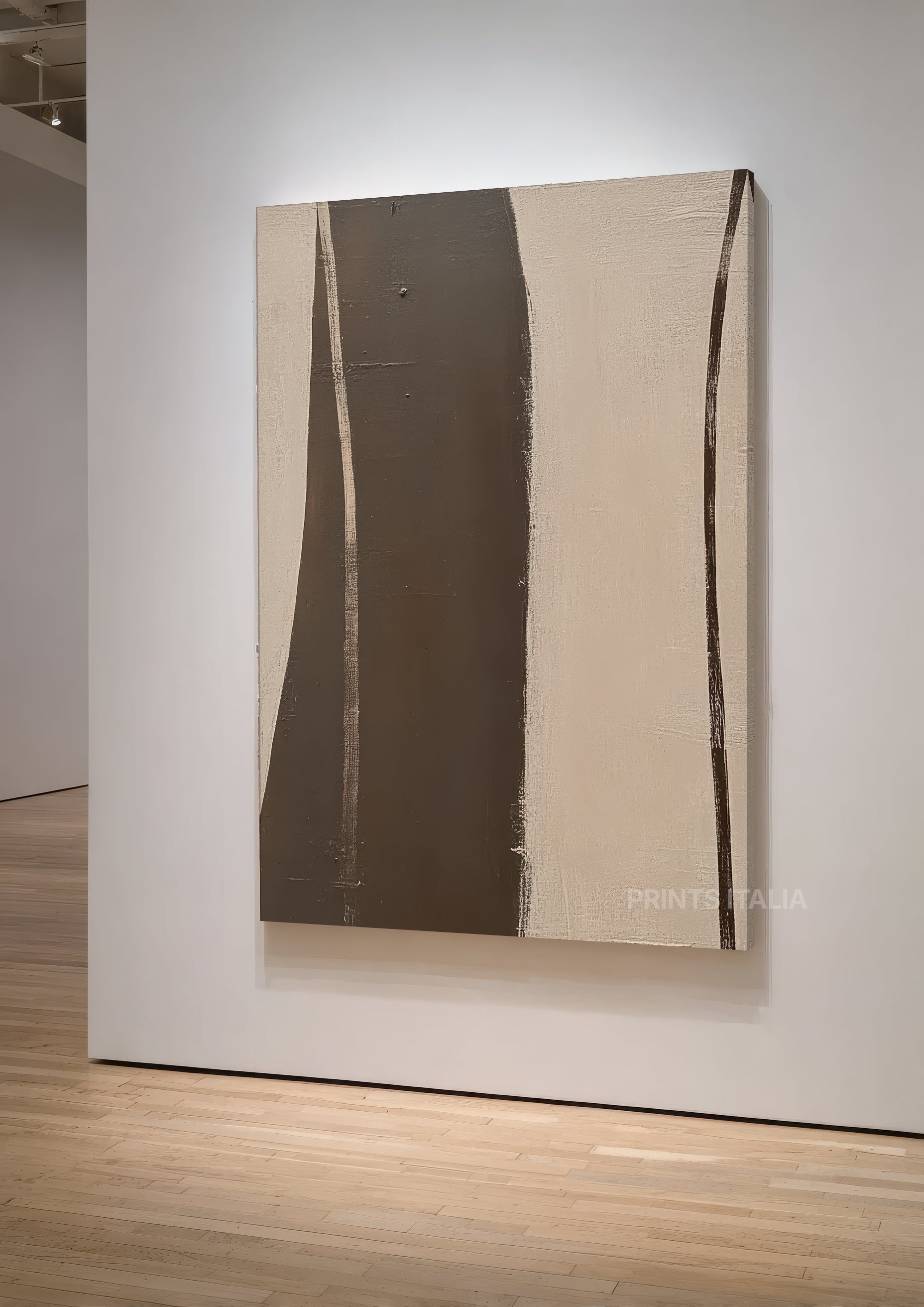 NOLAI print showing rich brown vertical form with angular elements against soft beige background