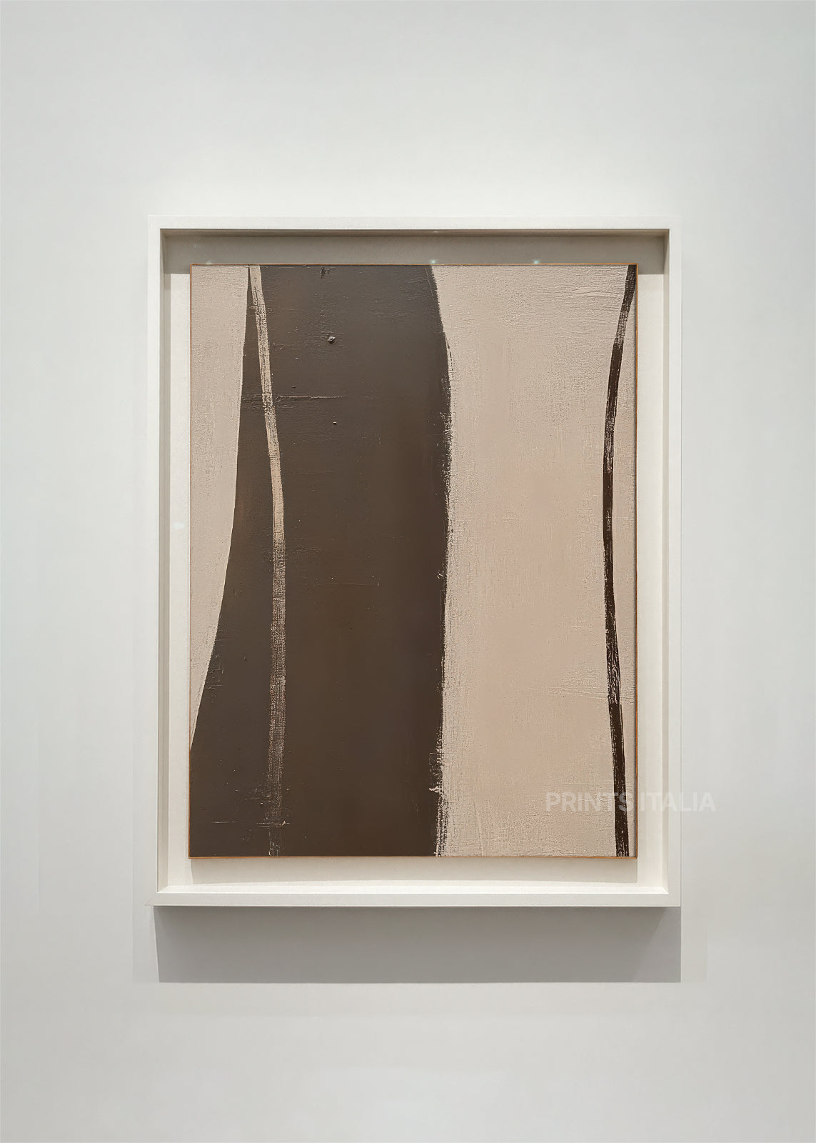 NOLAI abstract art print framed – bold vertical composition in deep brown and beige with angular geometric forms