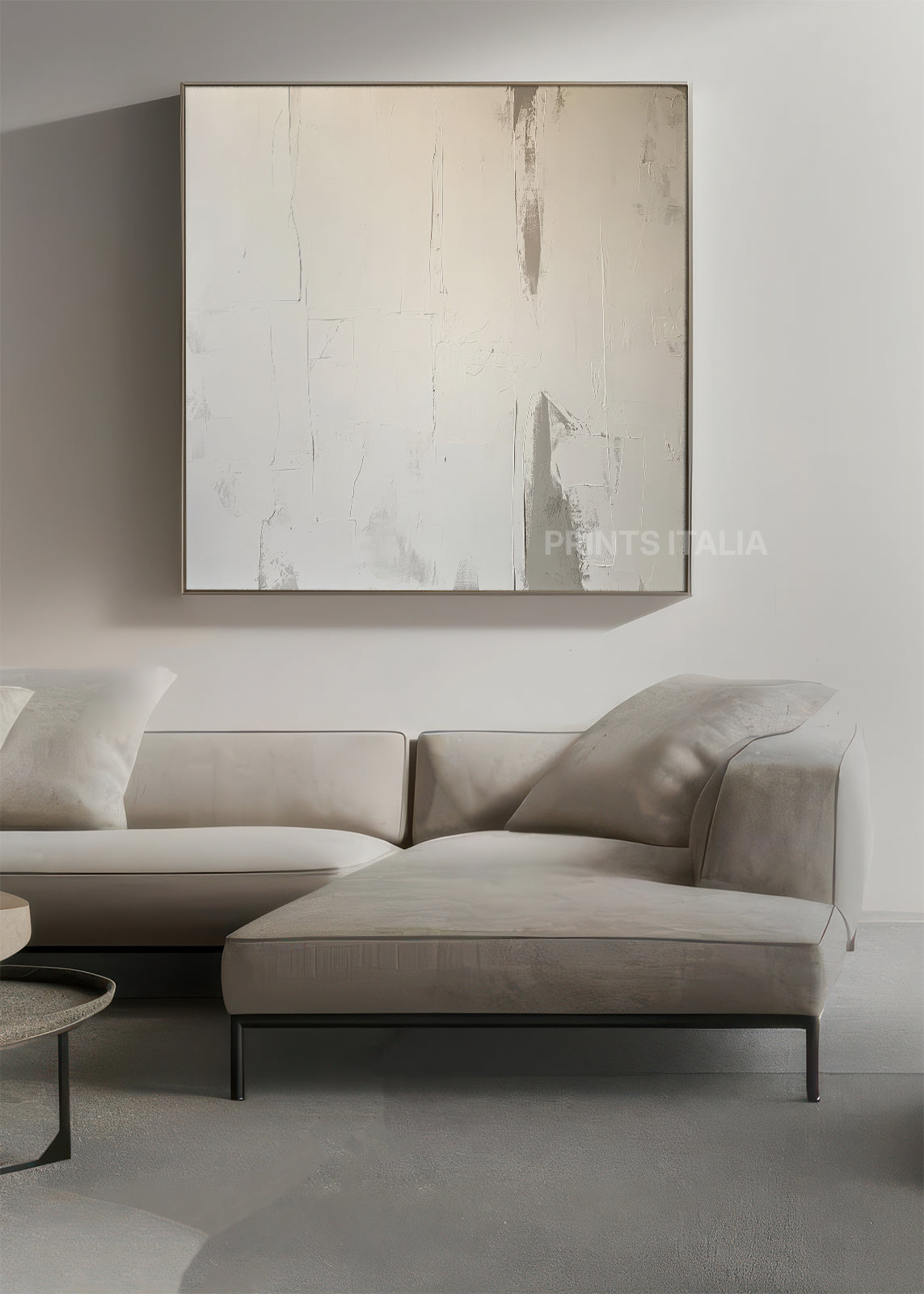 Framed Noor art print displayed in a modern neutral interior – white abstract composition with calm visual structure