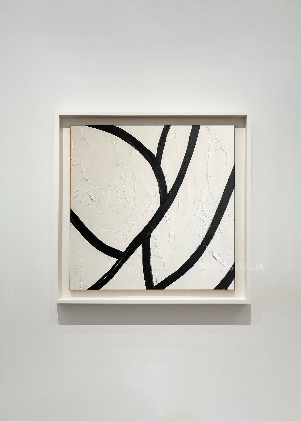 Framed NOOYT print displaying flowing black curved lines and intersections on textured white background