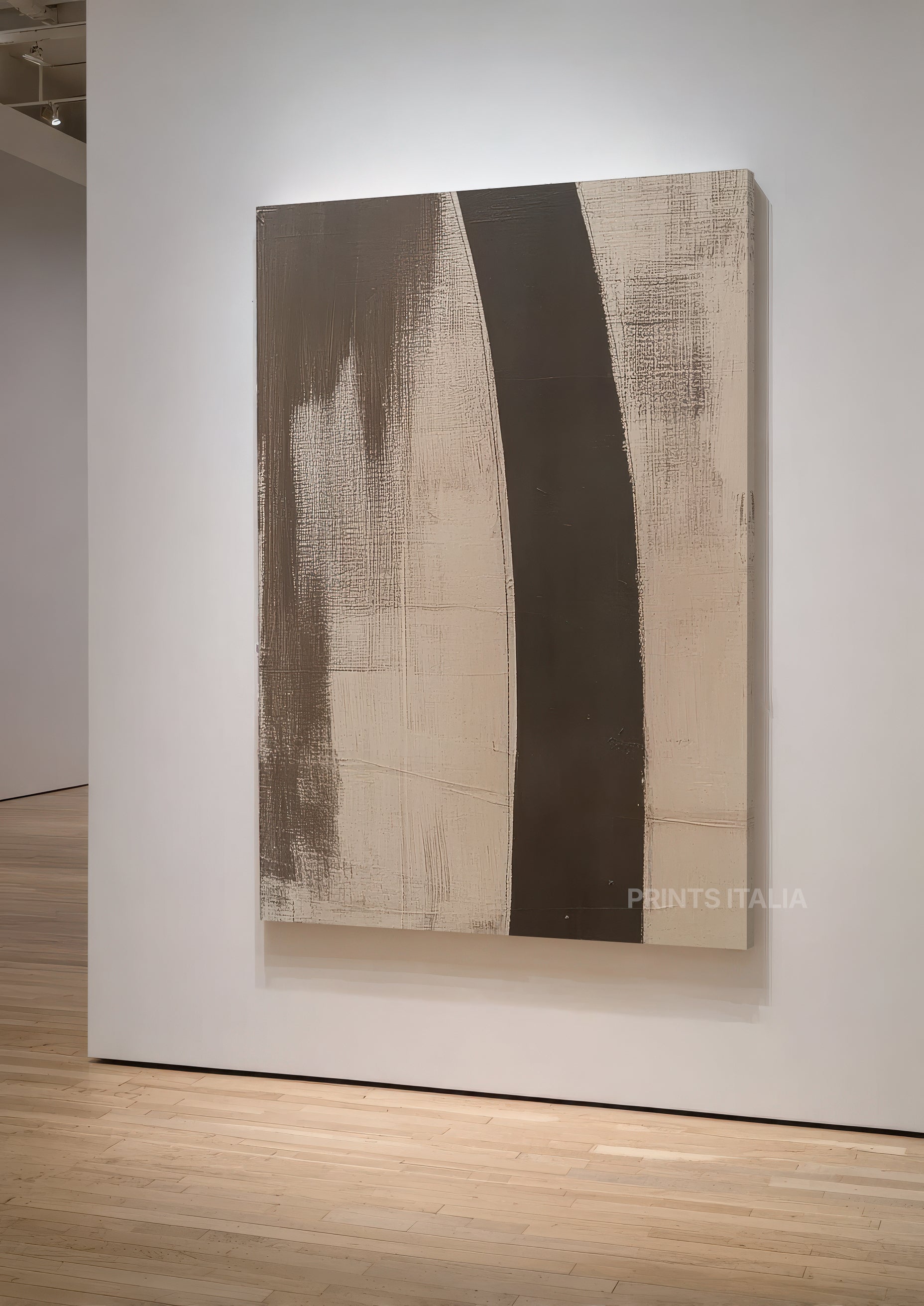 NOQRA print displayed in a contemporary gallery, highlighting its sweeping brown arc and subtle taupe tones