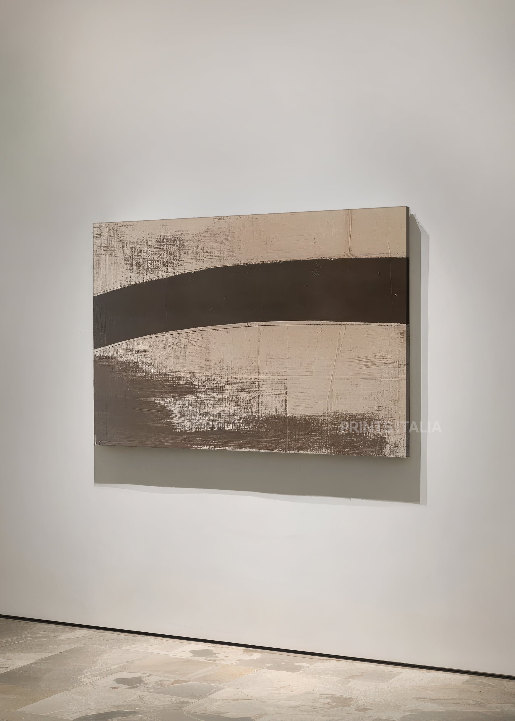 NOQRA abstract print styled in a minimalist room, emphasizing its rich brown curve and soft, textured field