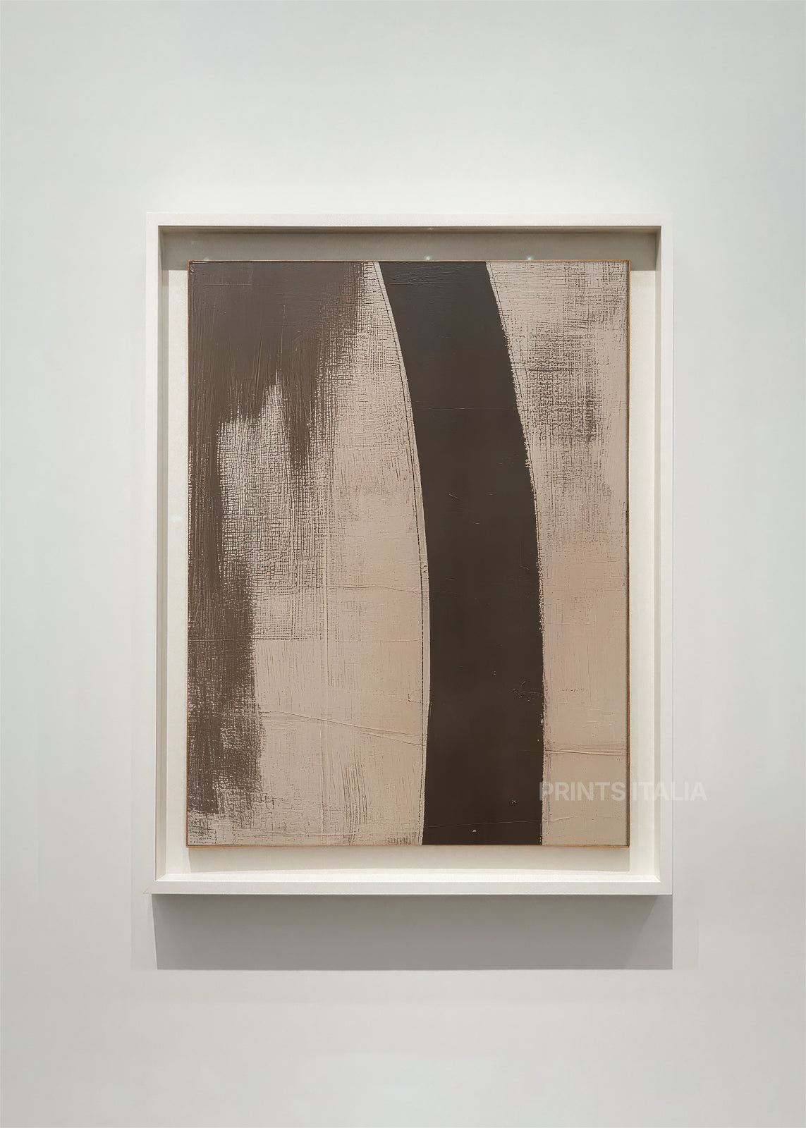 NOQRA abstract art print framed – bold deep brown arc over softly textured taupe background