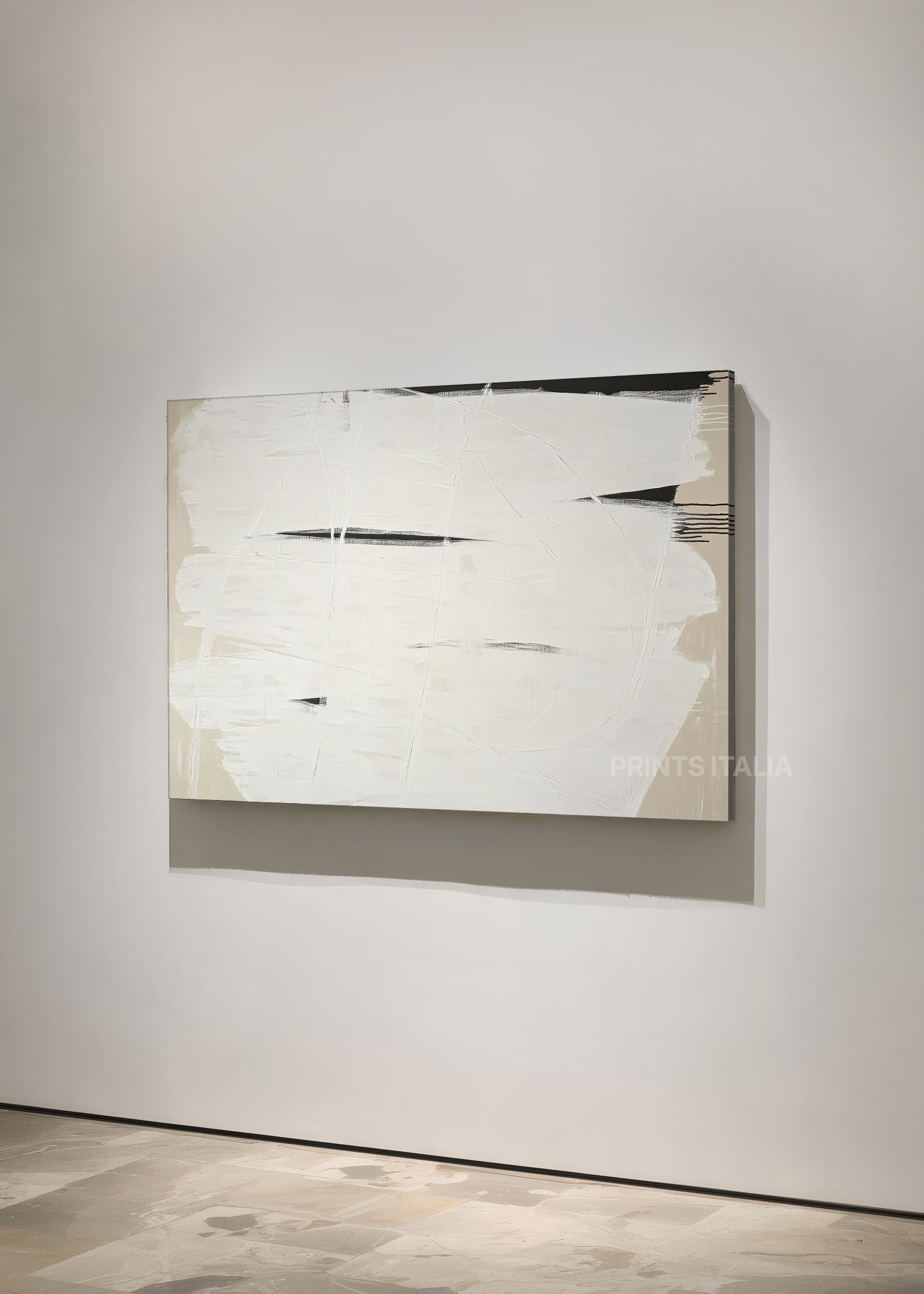 NORRUN art print featuring minimalist white composition, gentle tonal layers, and subtle vertical details, leaning against a soft neutral wall - digital download