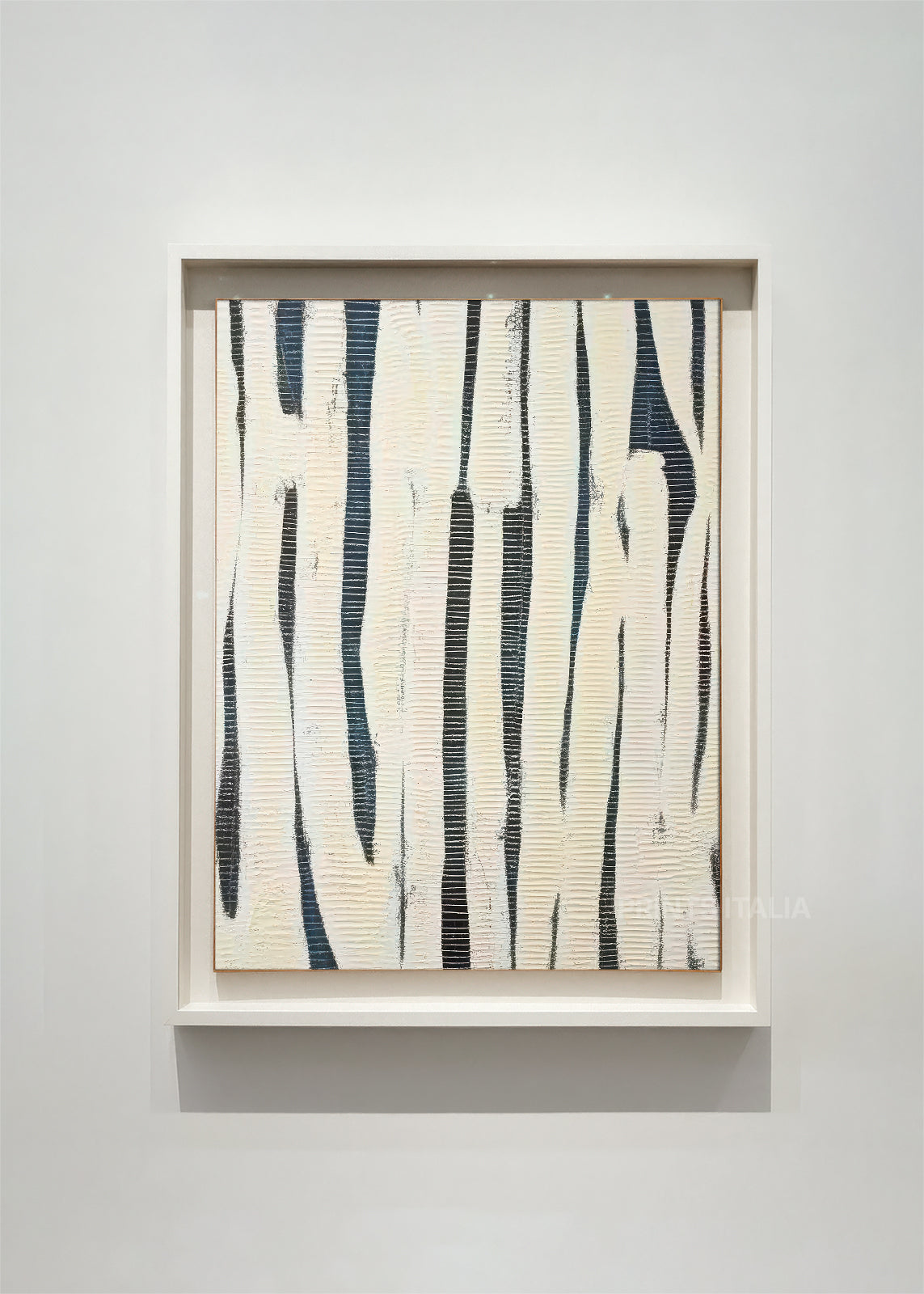 framed rhythmic abstract art print with vertical linear strokes in charcoal and navy tones