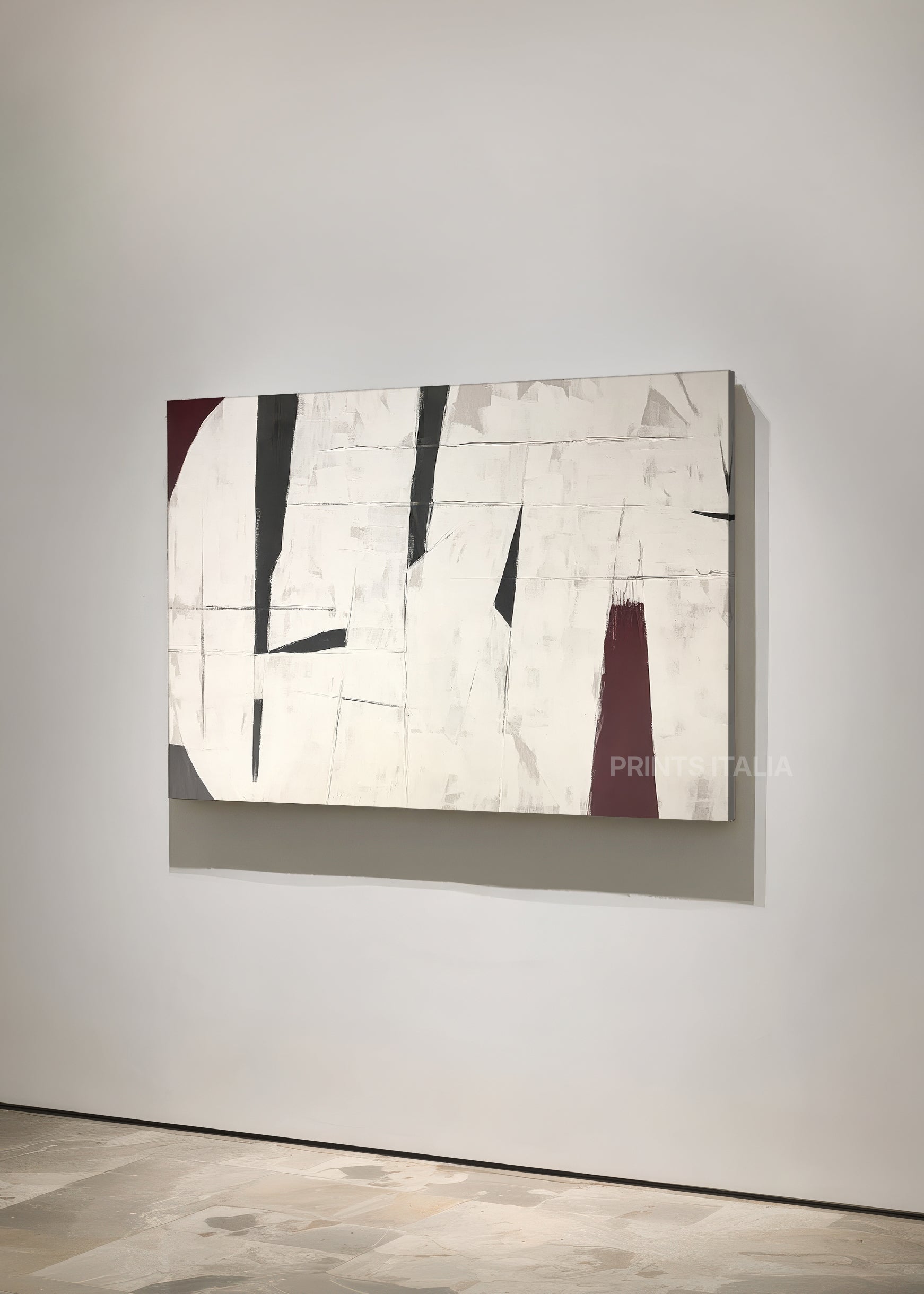 NUVIRA print displayed in a contemporary gallery, highlighting its geometric black lines and subtle maroon form