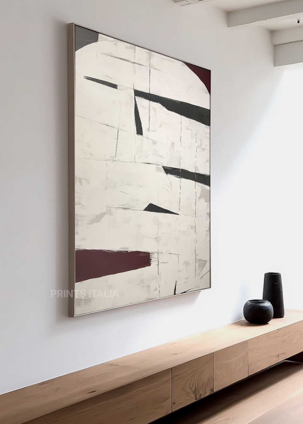 NUVIRA abstract print styled in a serene, modern space, emphasizing its sharp contrasts and refined composition