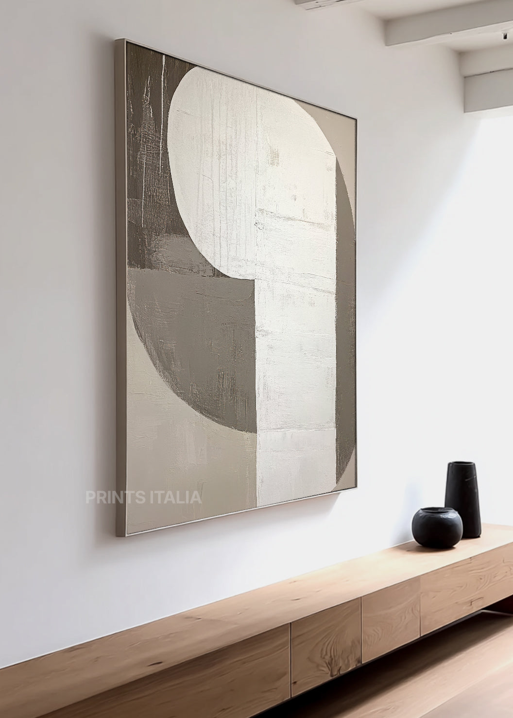 NYMA print showing tactile surface, soft taupe gradients, and the intersection of crisp white and curved geometric forms