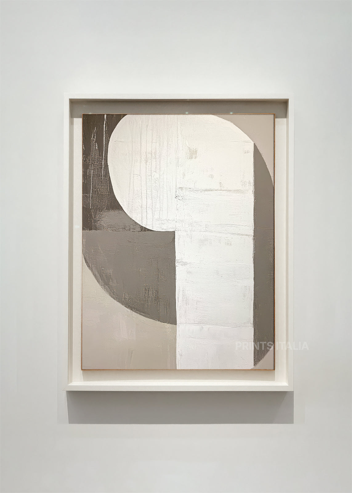 NYMA – framed minimalist abstract art print with taupe and white fields, bold geometric curves, and subtle texture, displayed in a modern gallery setting