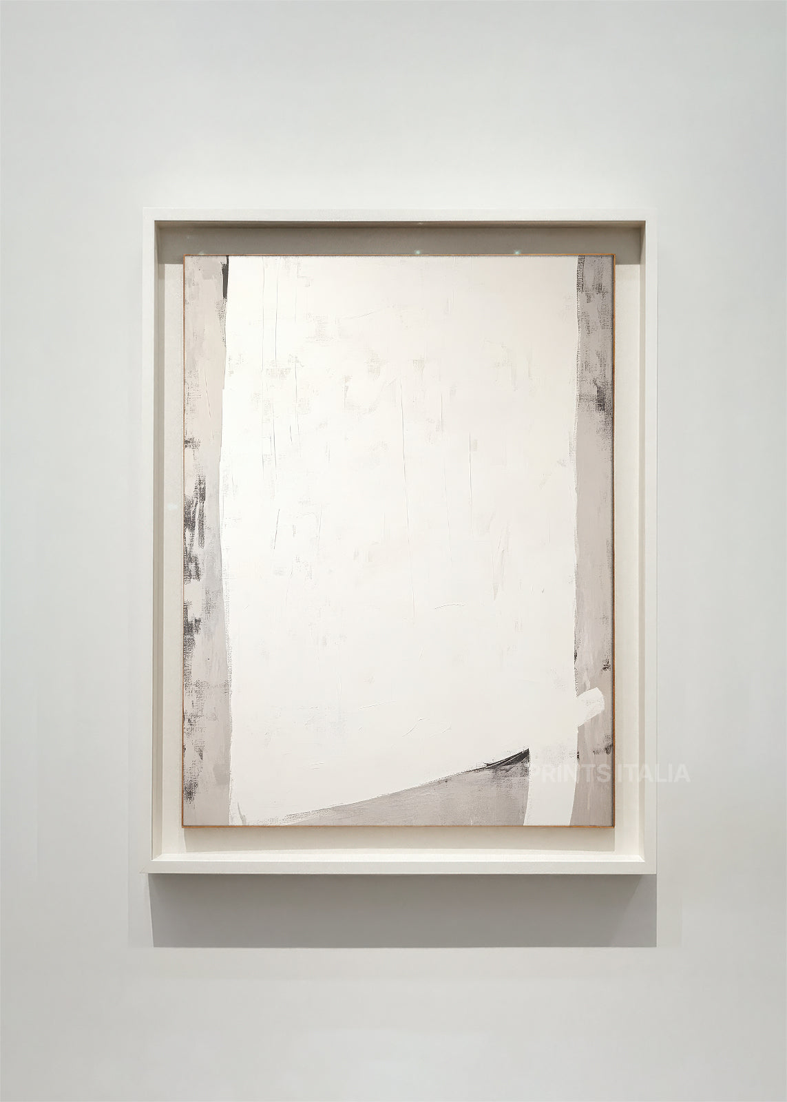 NYVEN – framed minimalist abstract art print with soft white layers, subtle tonal shifts, and delicate linear textures, displayed in a modern gallery setting