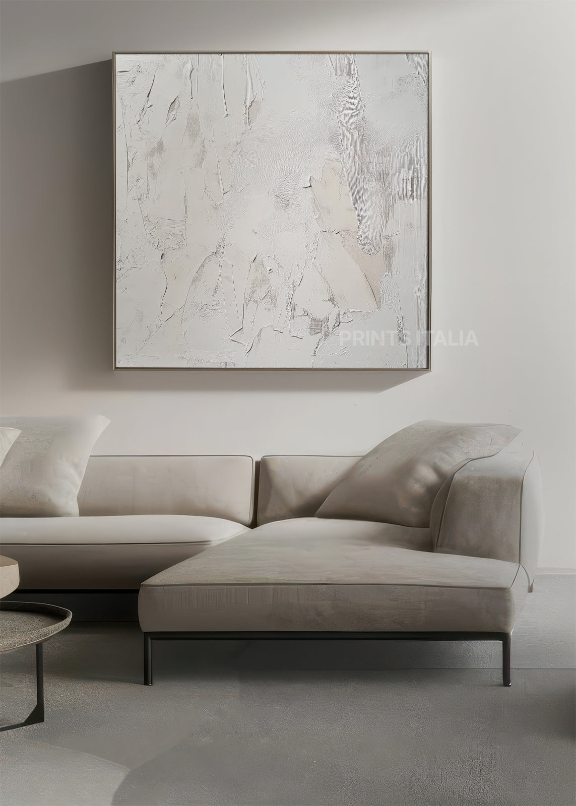 OBARI print displayed in a minimalist gallery, highlighting its subtle white and ivory layers and delicate brushwork