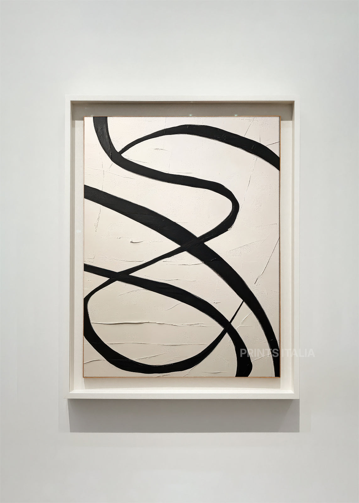 OLENNA abstract art print framed – sweeping black curves on textured ivory background