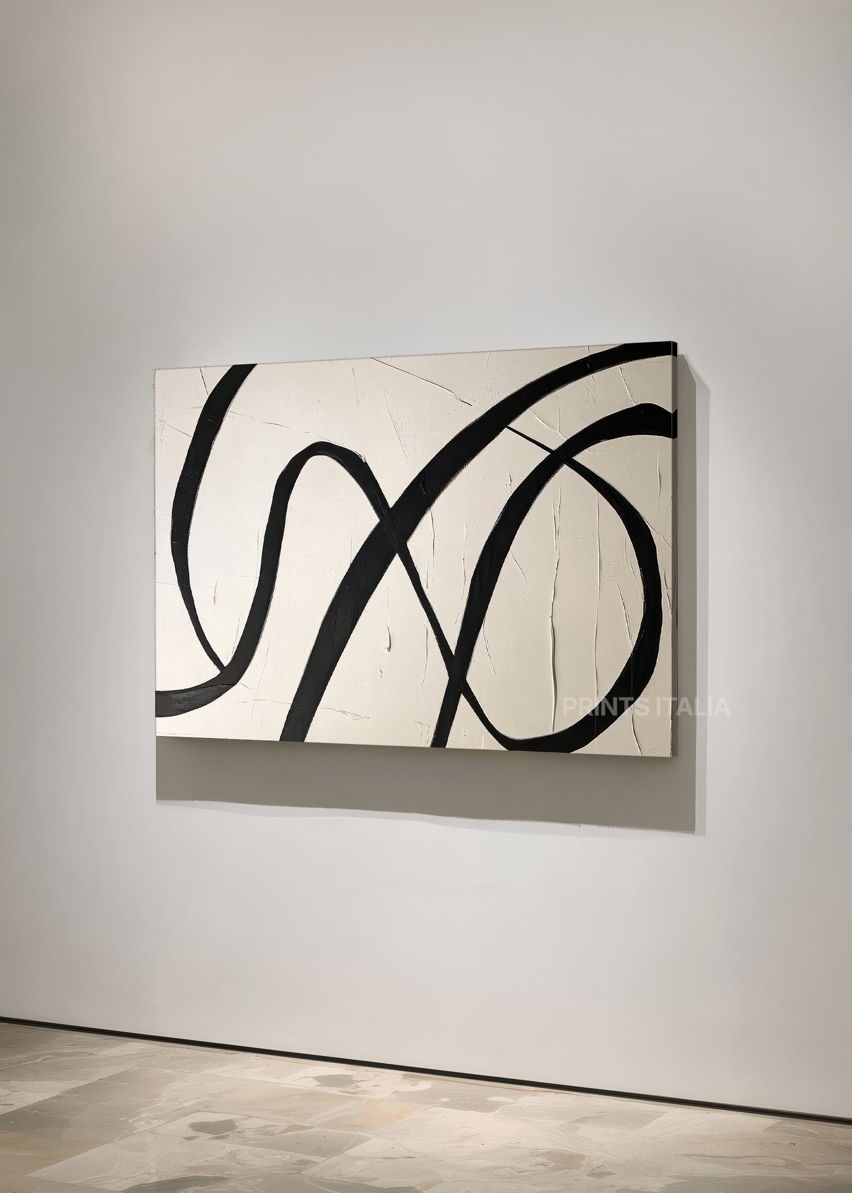 Angled view of OLENNA abstract print – dynamic black and white design with rhythmic curves