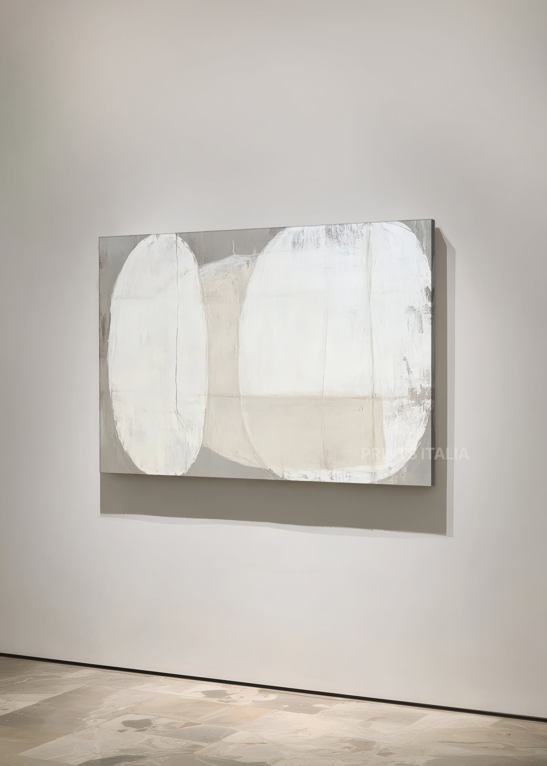 OLENYX print displayed in a minimalist gallery, highlighting its geometric ovals and soft taupe layering