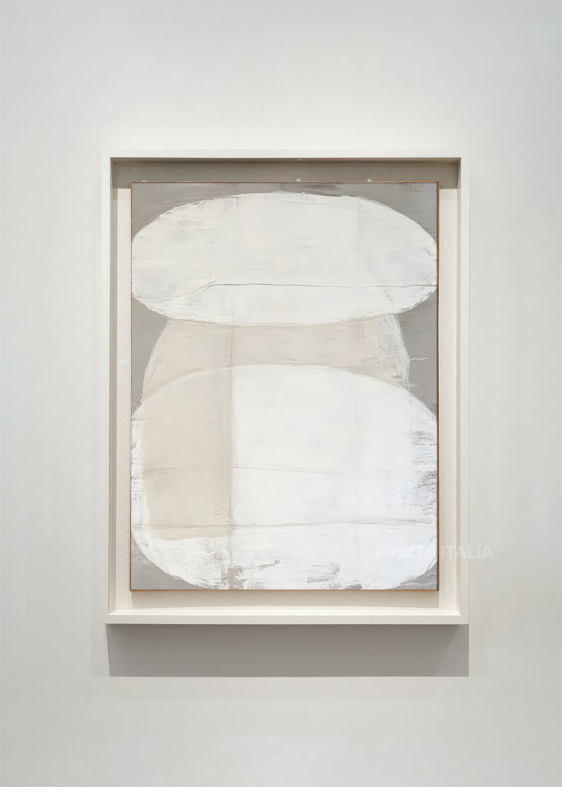 OLENYX abstract art print framed – overlapping white and sand ovals on a taupe background