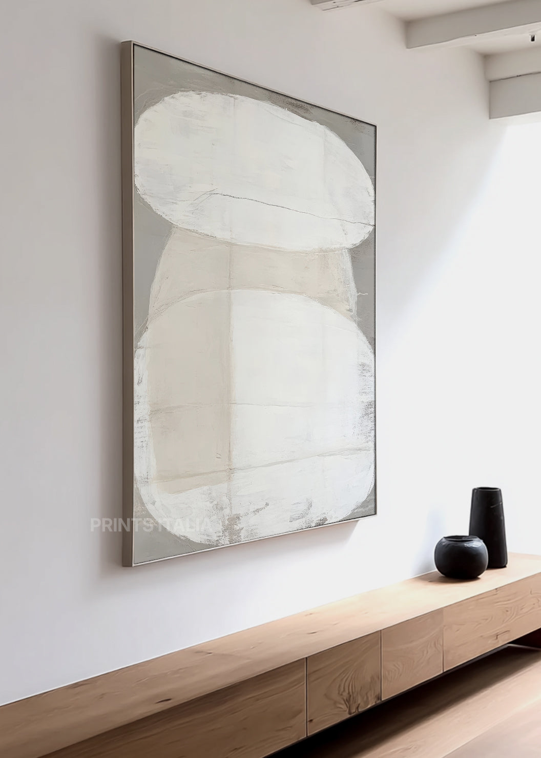 OLENYX abstract print styled in a serene, modern space, emphasizing its gentle shapes and tranquil neutral palette