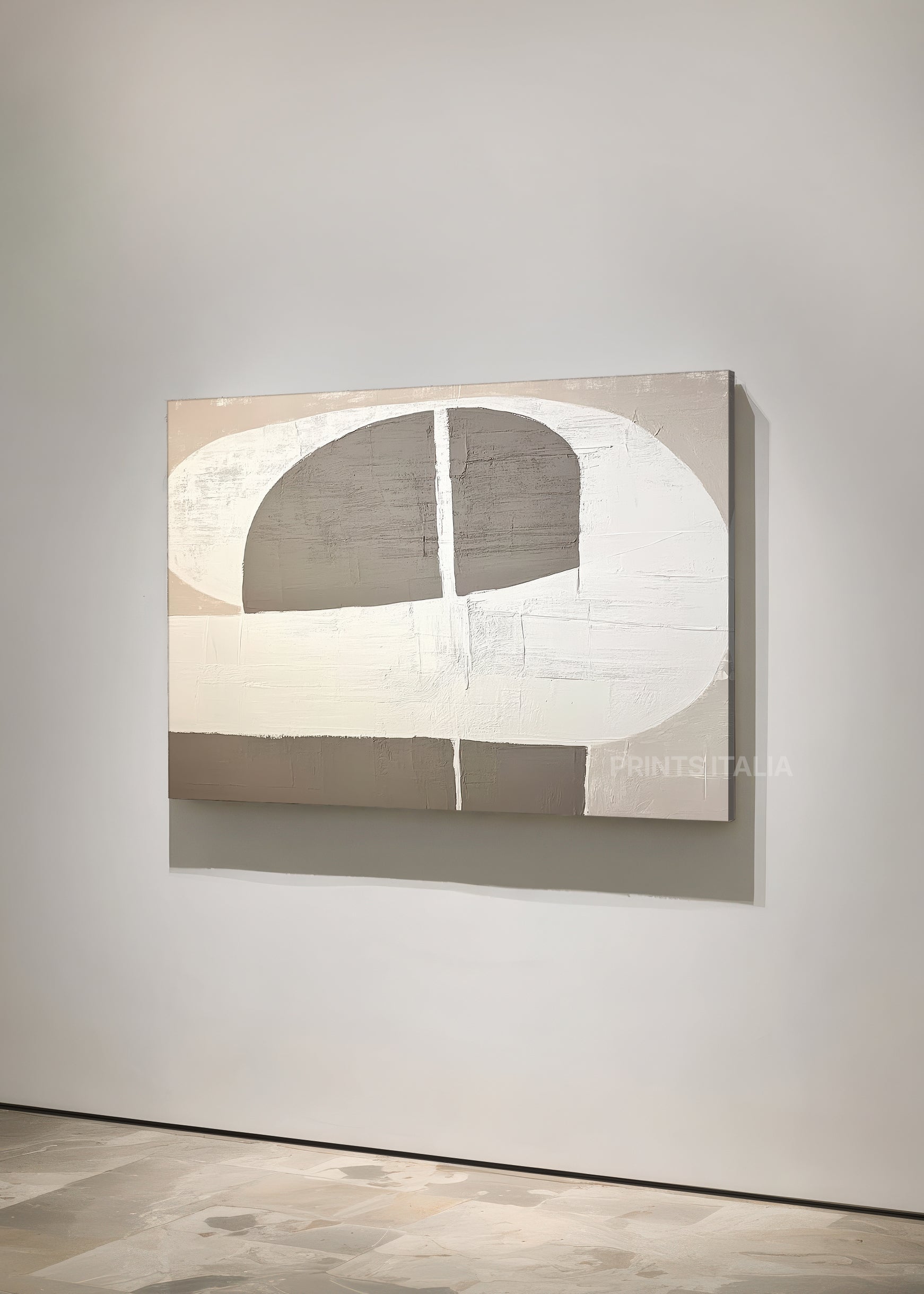 Angled view of OLIN abstract print – modern architectural composition with warm neutral tones and clean geometry
