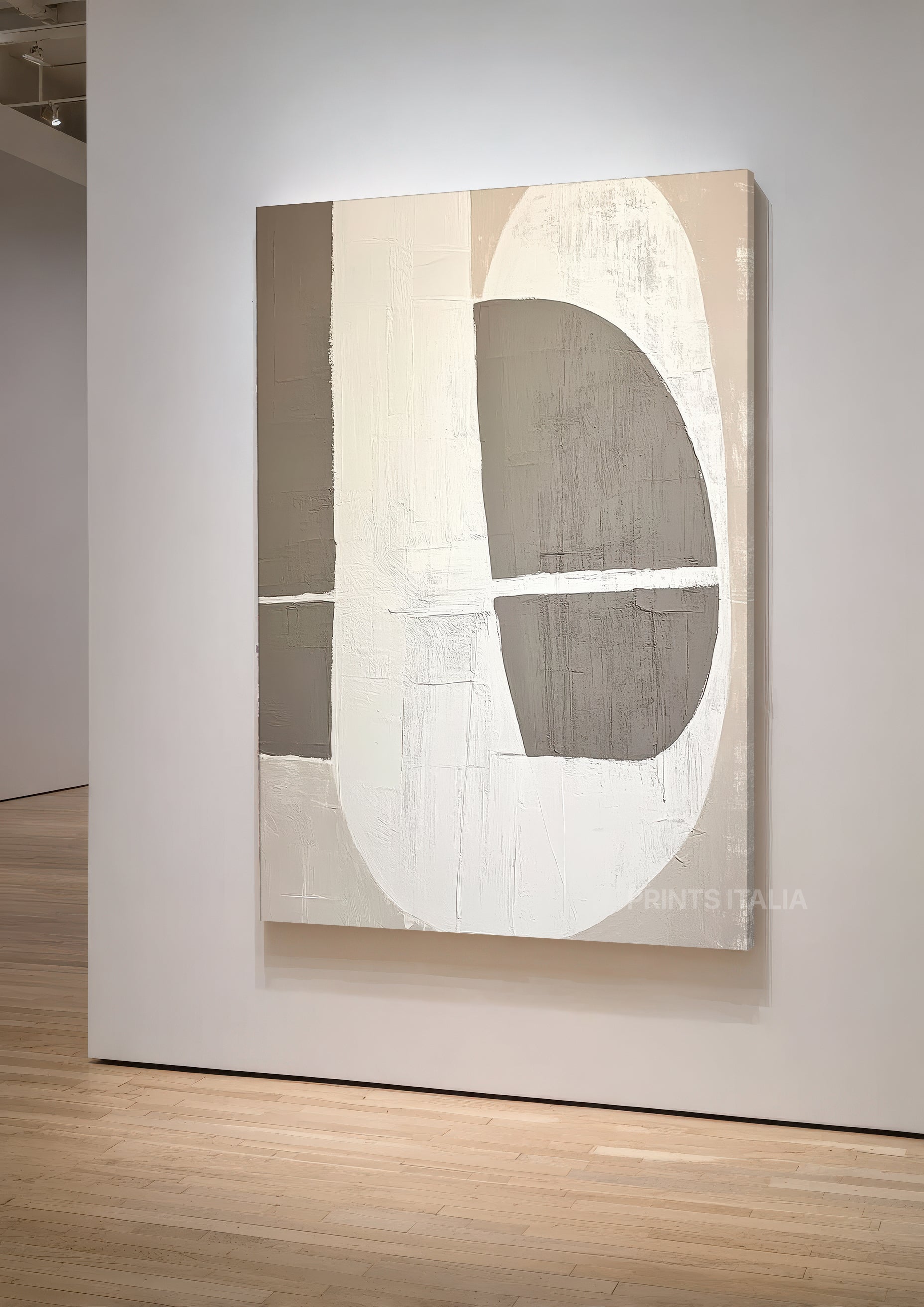 OLIN print showing textured geometric surfaces in warm taupe, cream, and subtle line details