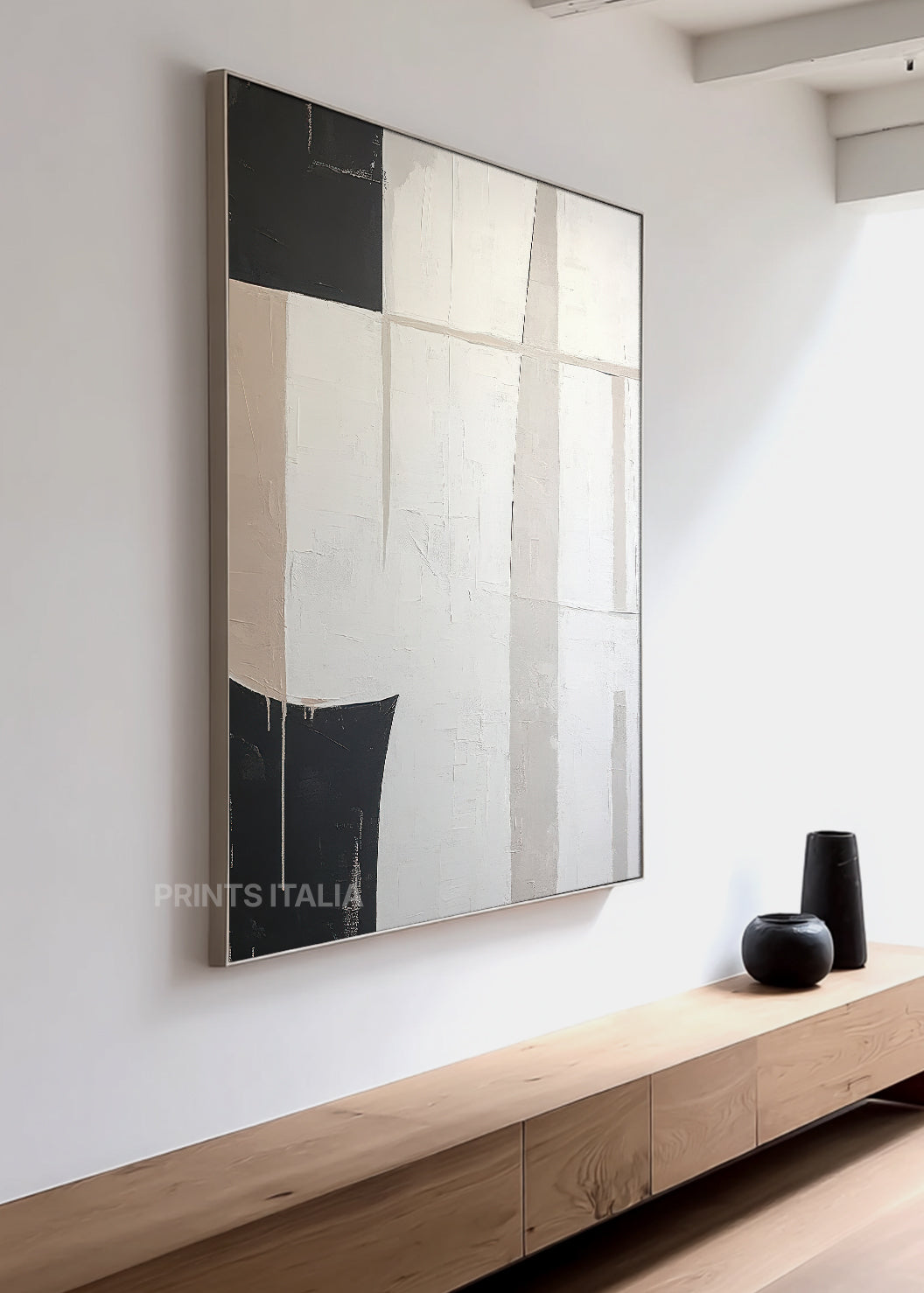  Close-up of OLYRE print showing layered taupe and cream surfaces, bold graphite arc, and subtle vertical line textures