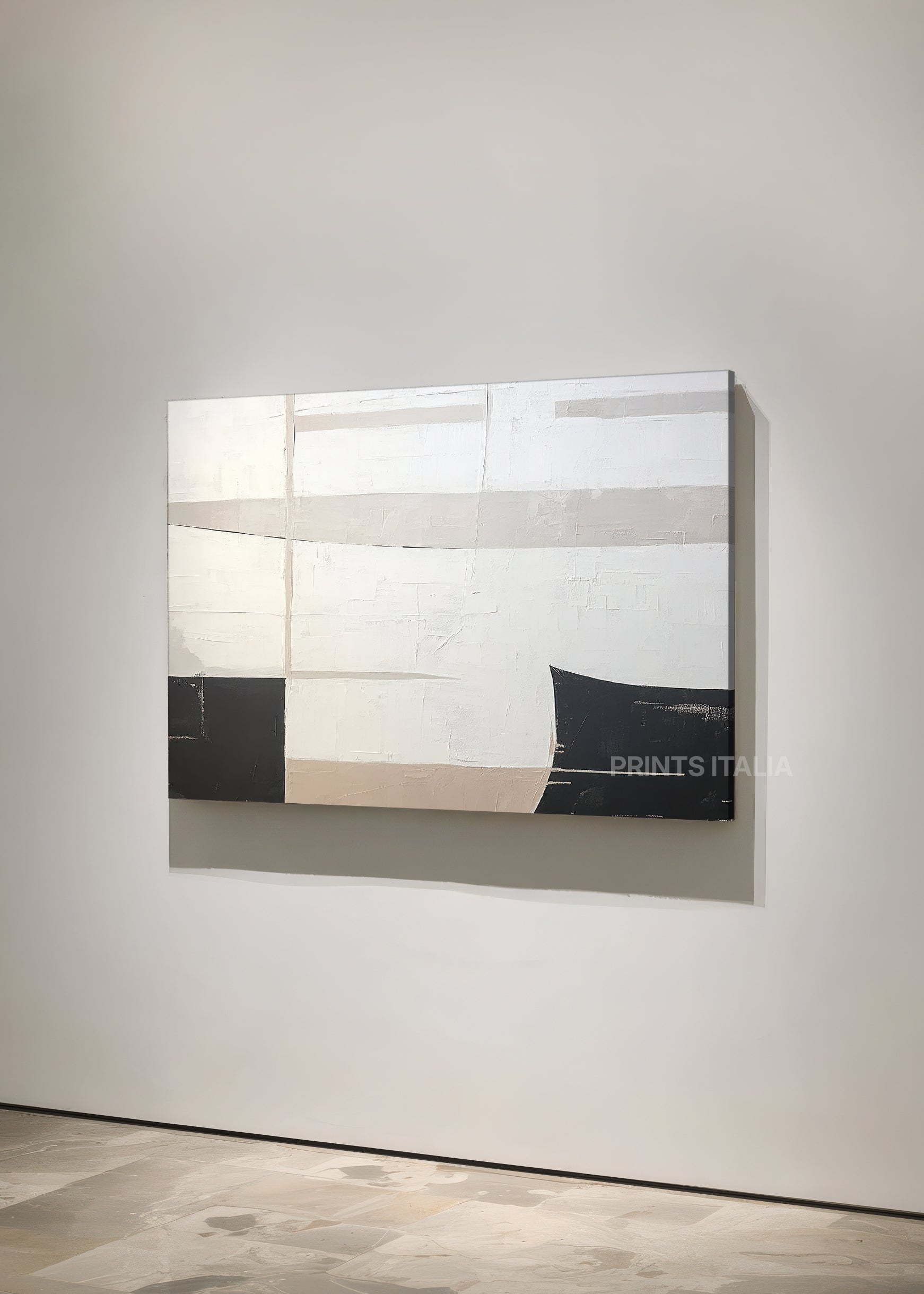  Unframed OLYRE art print featuring minimalist taupe and cream composition, dynamic graphite curve, and gentle surface texture, leaning against a soft neutral wall
