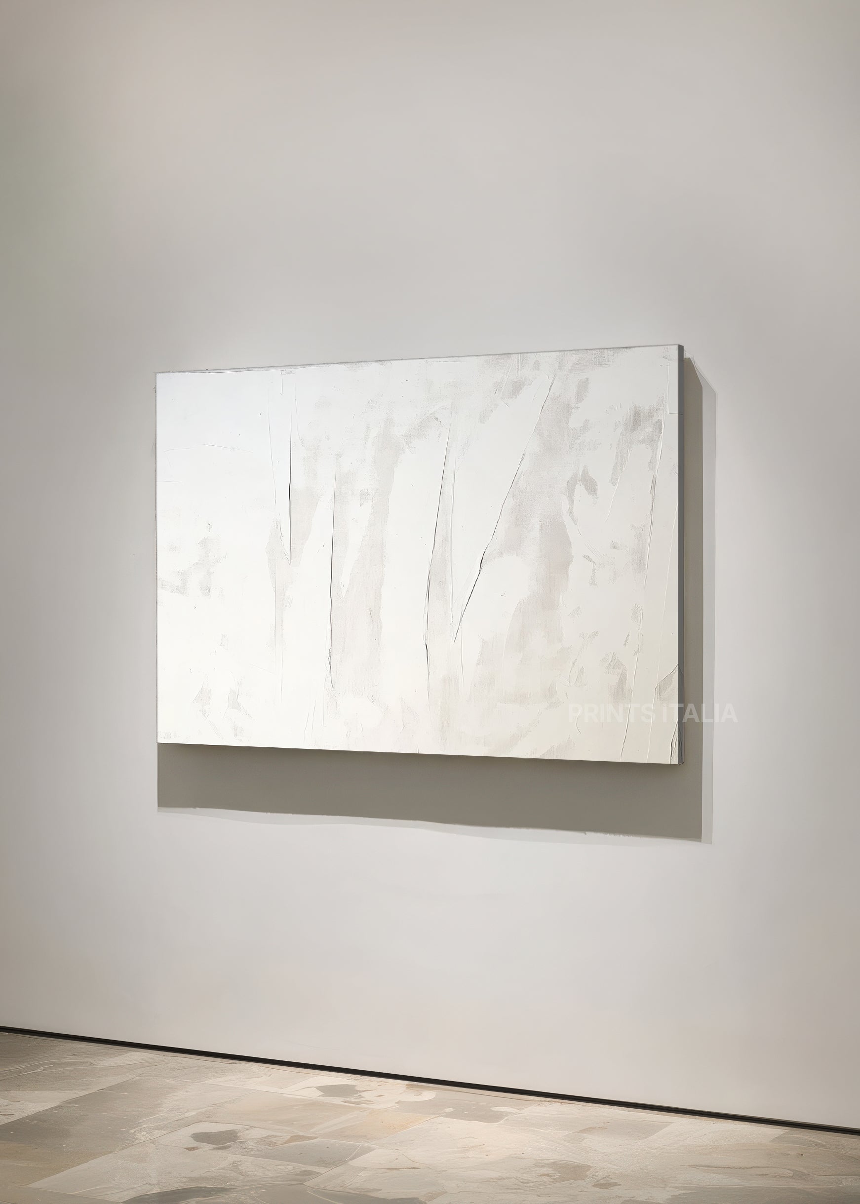 OMARIA print in a modern gallery, showcasing its minimalist white texture and serene design
