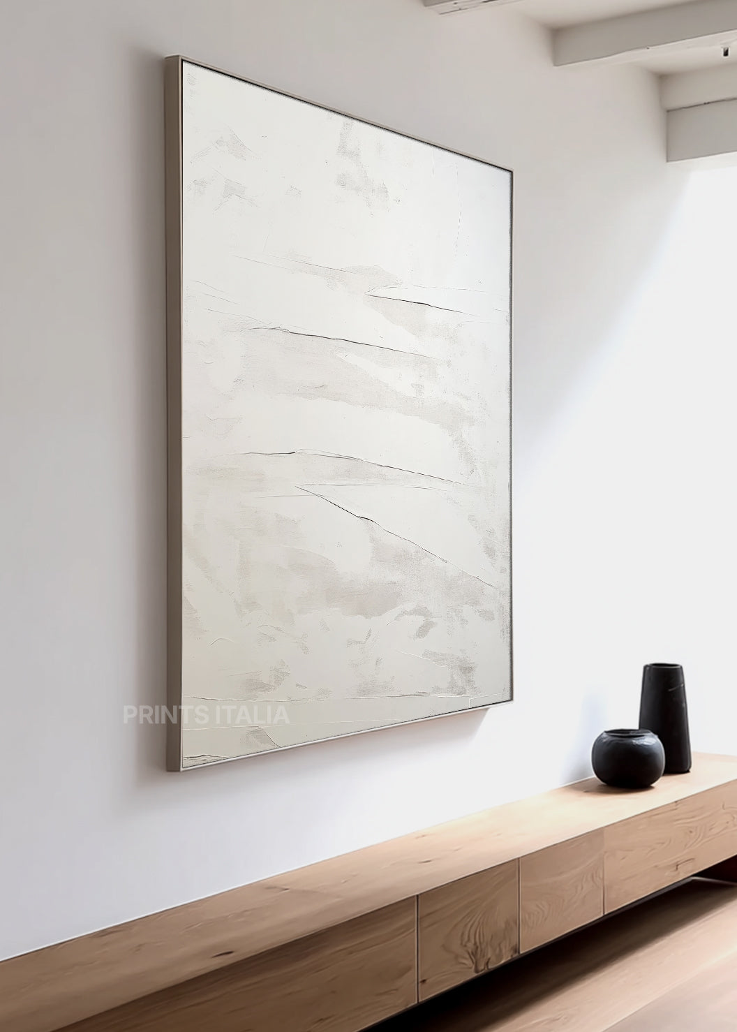 OMARIA abstract print in a bright interior, highlighting its gentle lines and calming white palette
