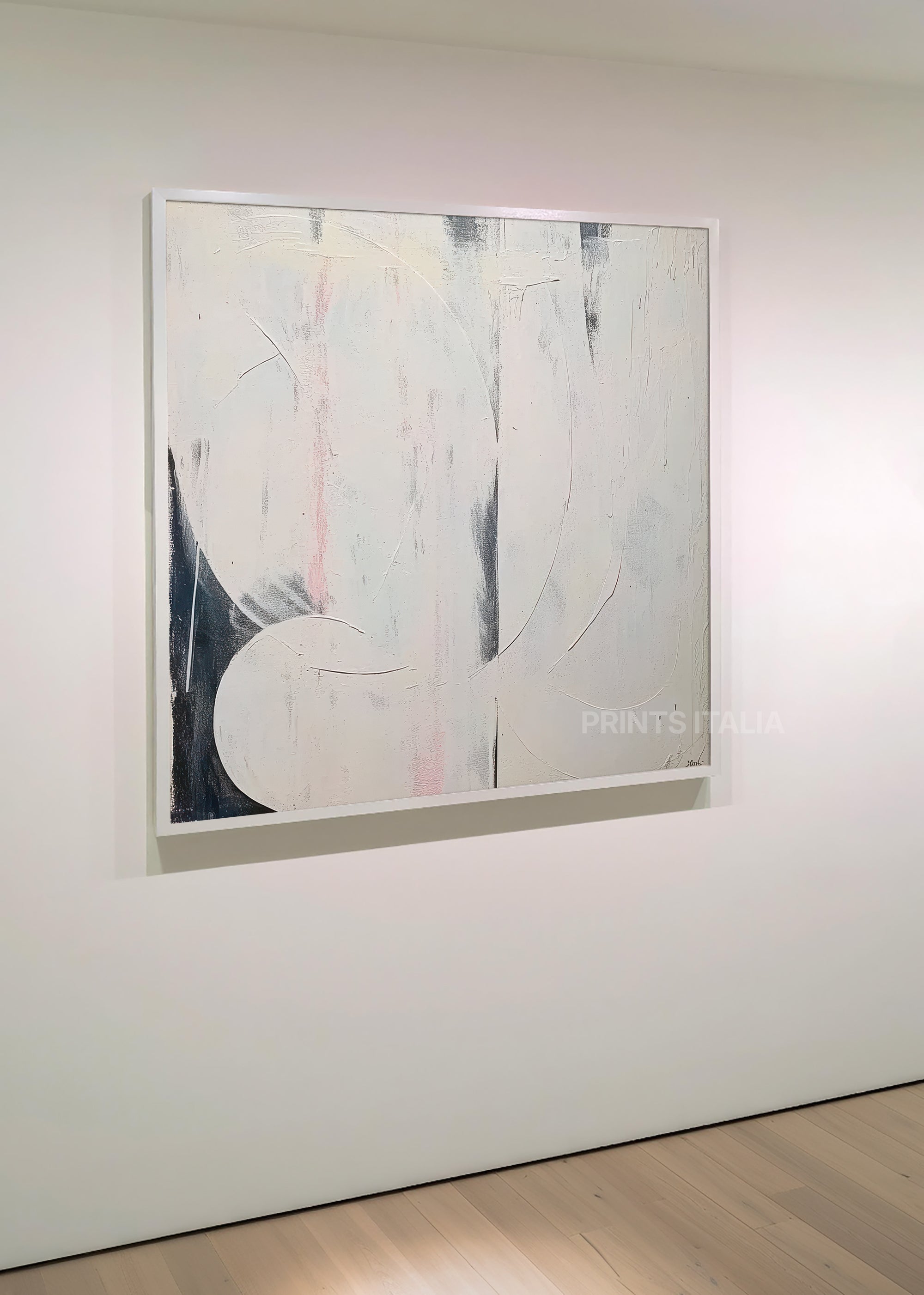 OMBER print displayed in a minimalist gallery, highlighting its airy white and grey composition and subtle texture