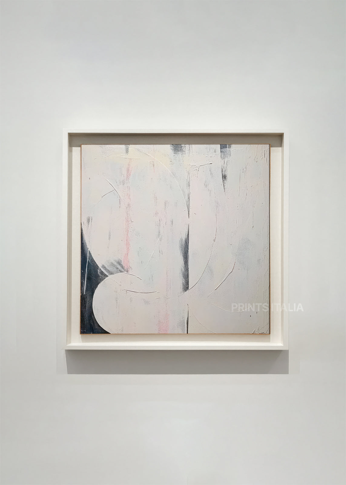 OMBER abstract art print framed – layered white and soft grey fields with gentle vertical brushwork