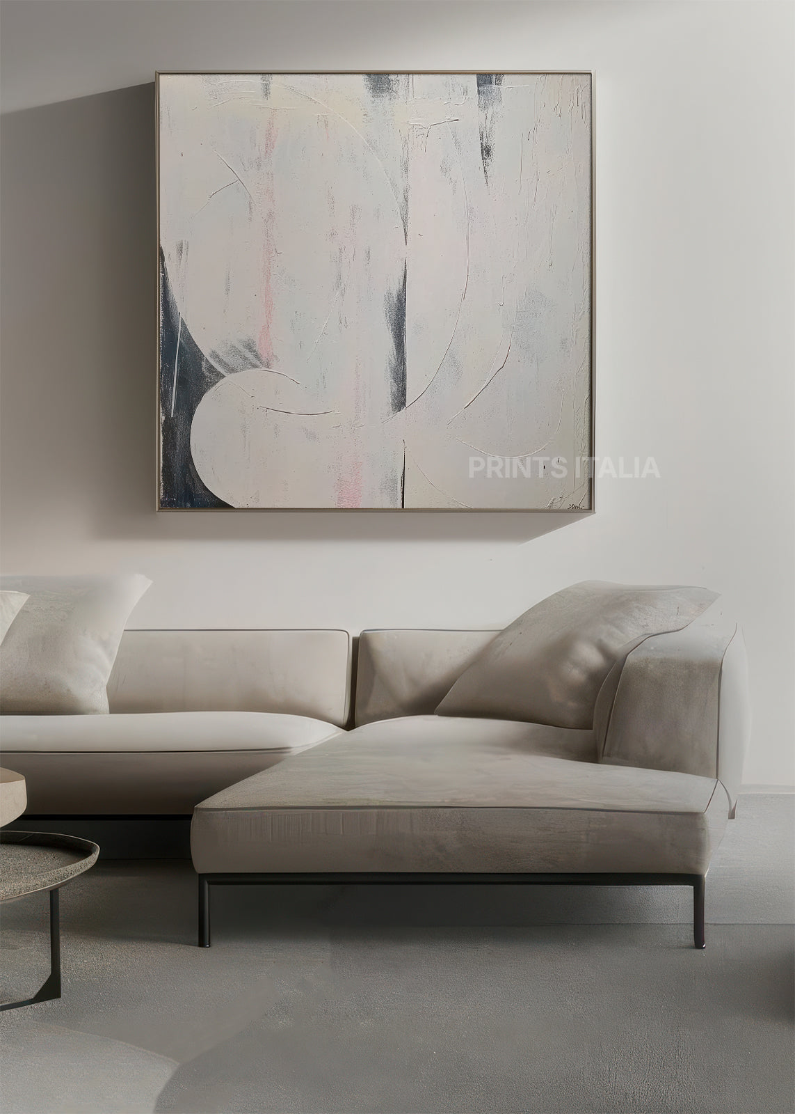 OMBER abstract print styled in a calm, light-filled space, emphasizing its soft palette and tranquil composition