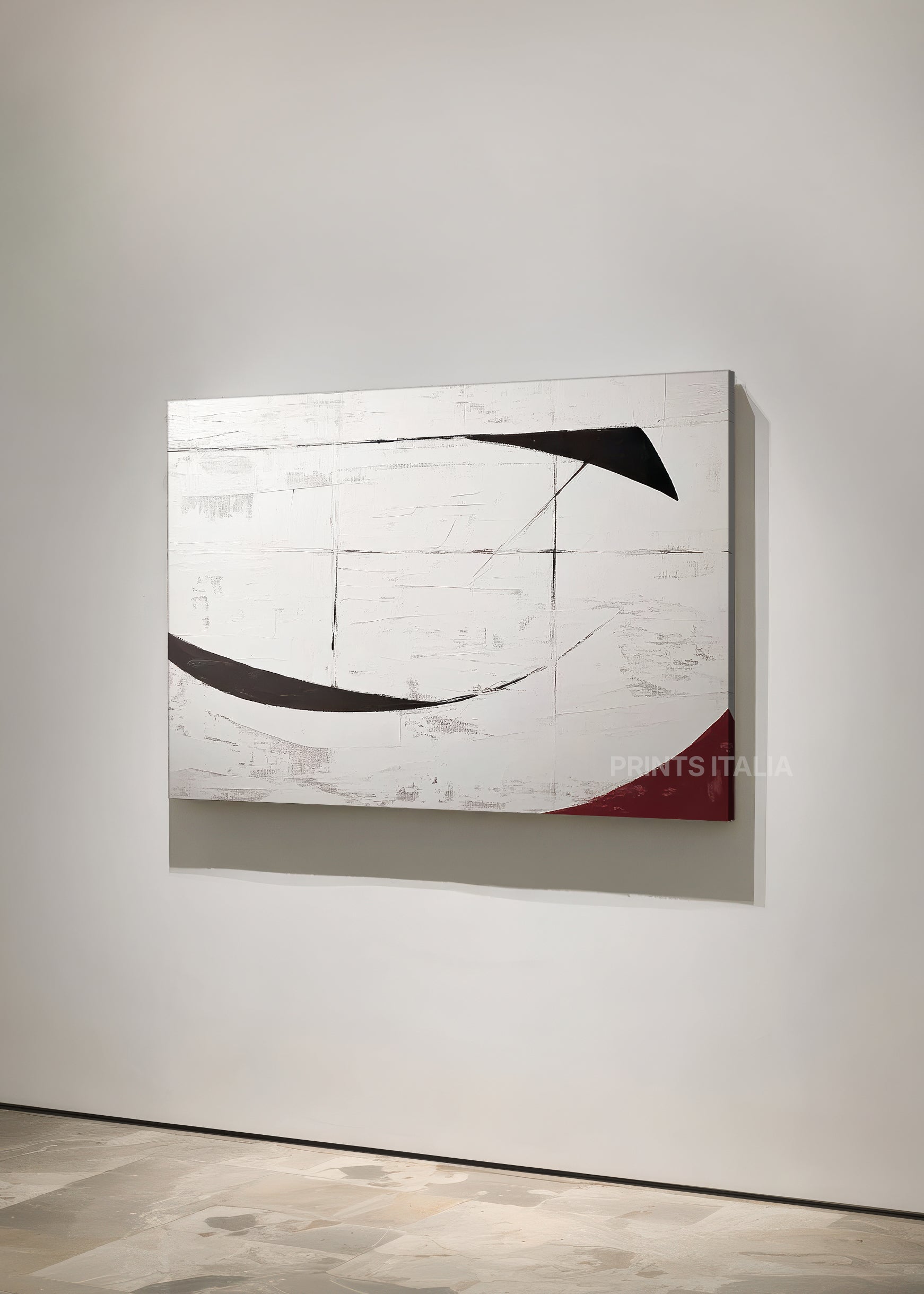 OMBRAYA print displayed in a contemporary gallery, highlighting its dynamic black curves and bold maroon detail
